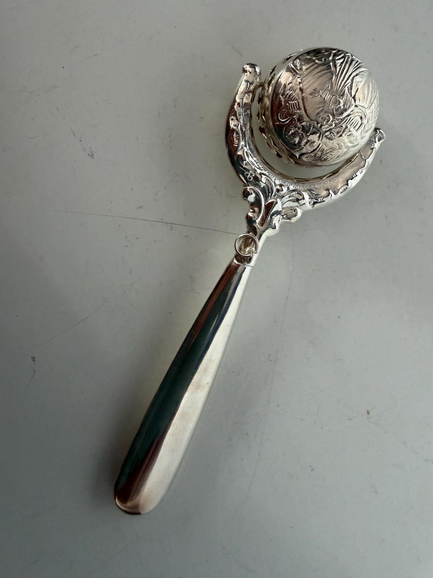 925/1000 sterling silver vintage spanish baby rattle newborn shower christening gift luxury exlusives, christian child is born
