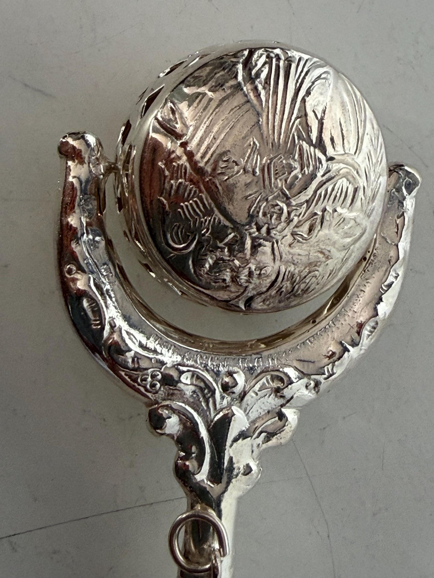 925/1000 sterling silver vintage spanish baby rattle newborn shower christening gift luxury exlusives, christian child is born