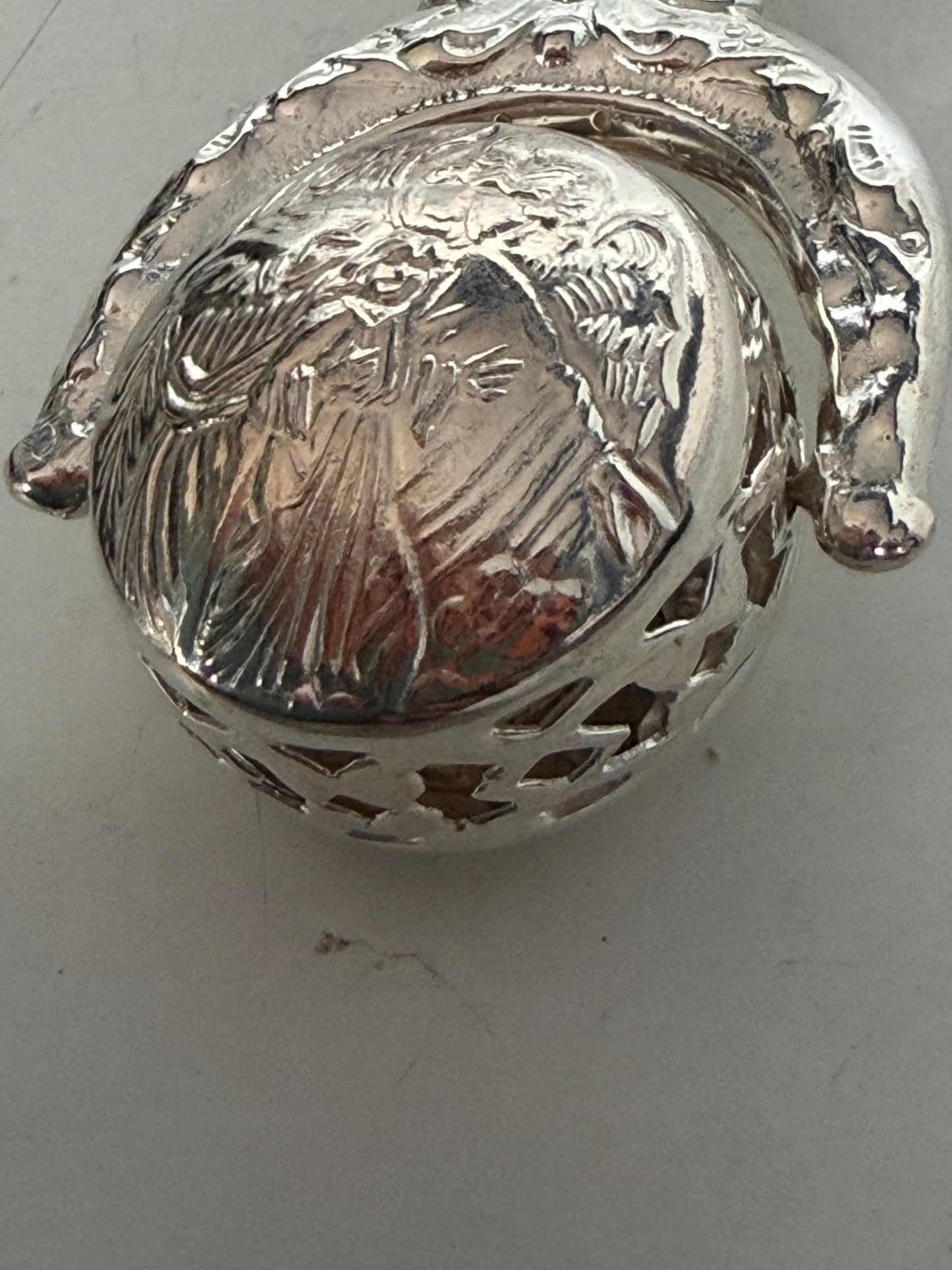 925/1000 sterling silver vintage spanish baby rattle newborn shower christening gift luxury exlusives, christian child is born