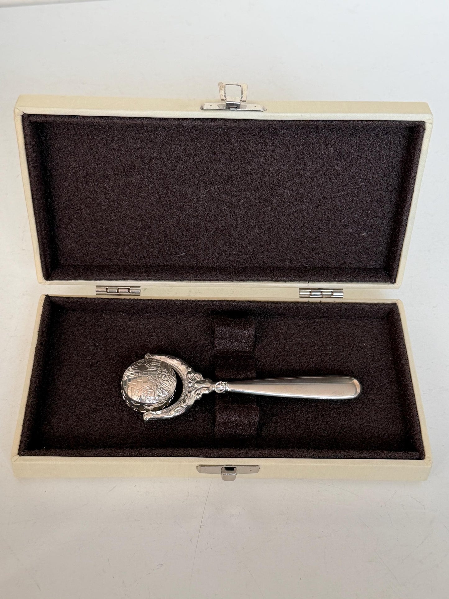 925/1000 sterling silver vintage spanish baby rattle newborn shower christening gift luxury exlusives, christian child is born