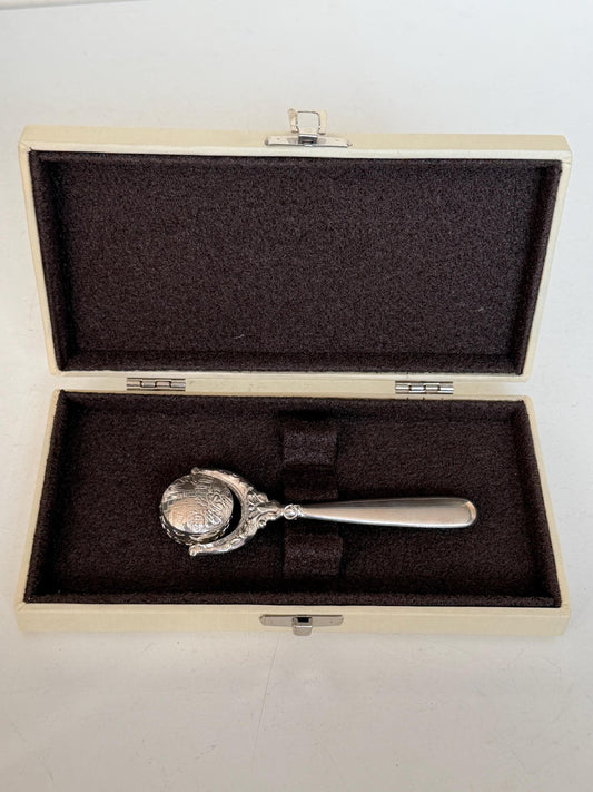 925/1000 sterling silver vintage spanish baby rattle newborn shower christening gift luxury exlusives, christian child is born