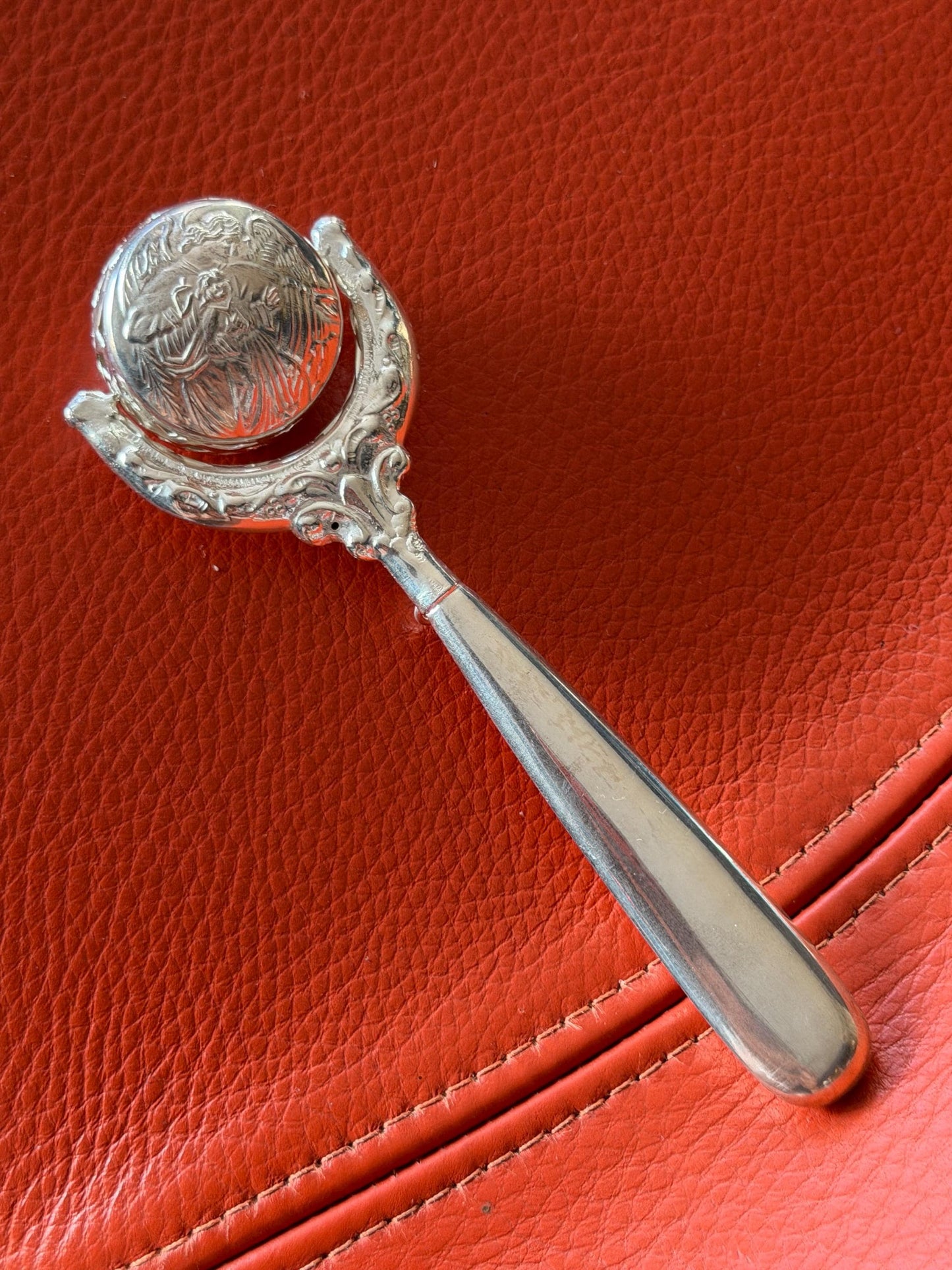 925/1000 sterling silver vintage spanish baby rattle newborn shower christening gift luxury exlusives, christian child is born
