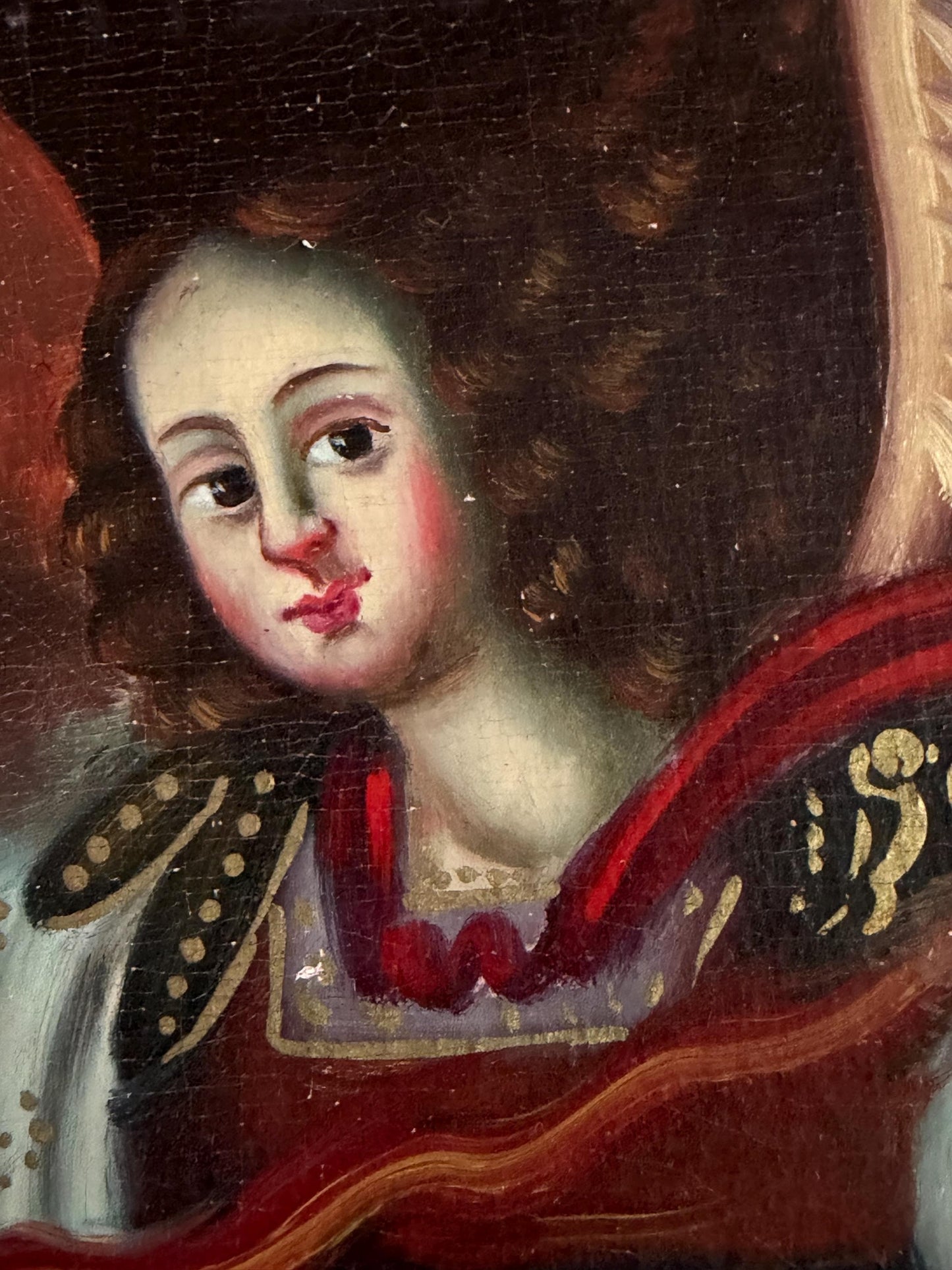 Colonial South American Archangel Michael Oil Painting Canvas, antique, Cusco School, signed, ca 1800 painting from ausema dutch art gallery