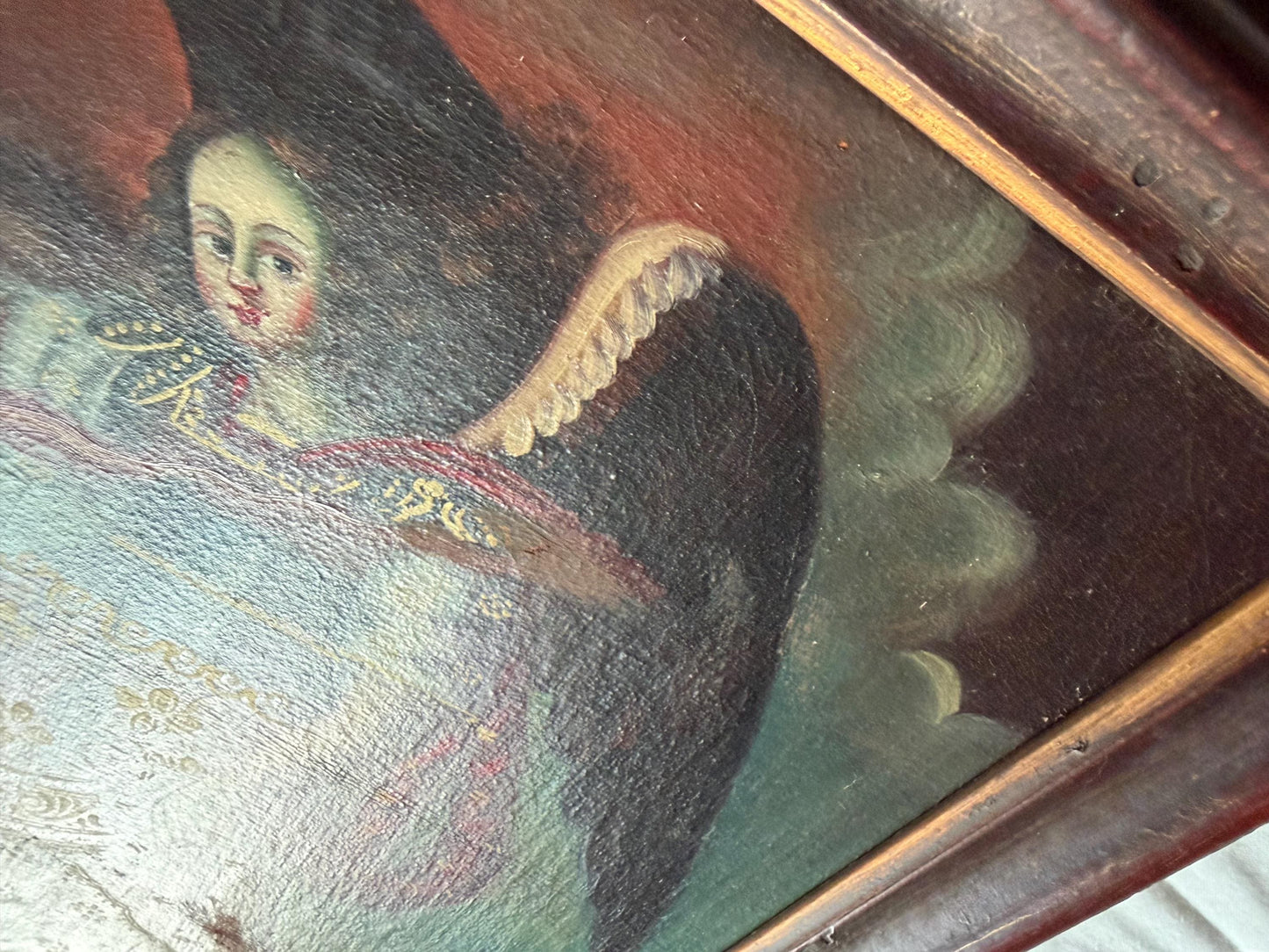 Colonial South American Archangel Michael Oil Painting Canvas, antique, Cusco School, signed, ca 1800 painting from ausema dutch art gallery