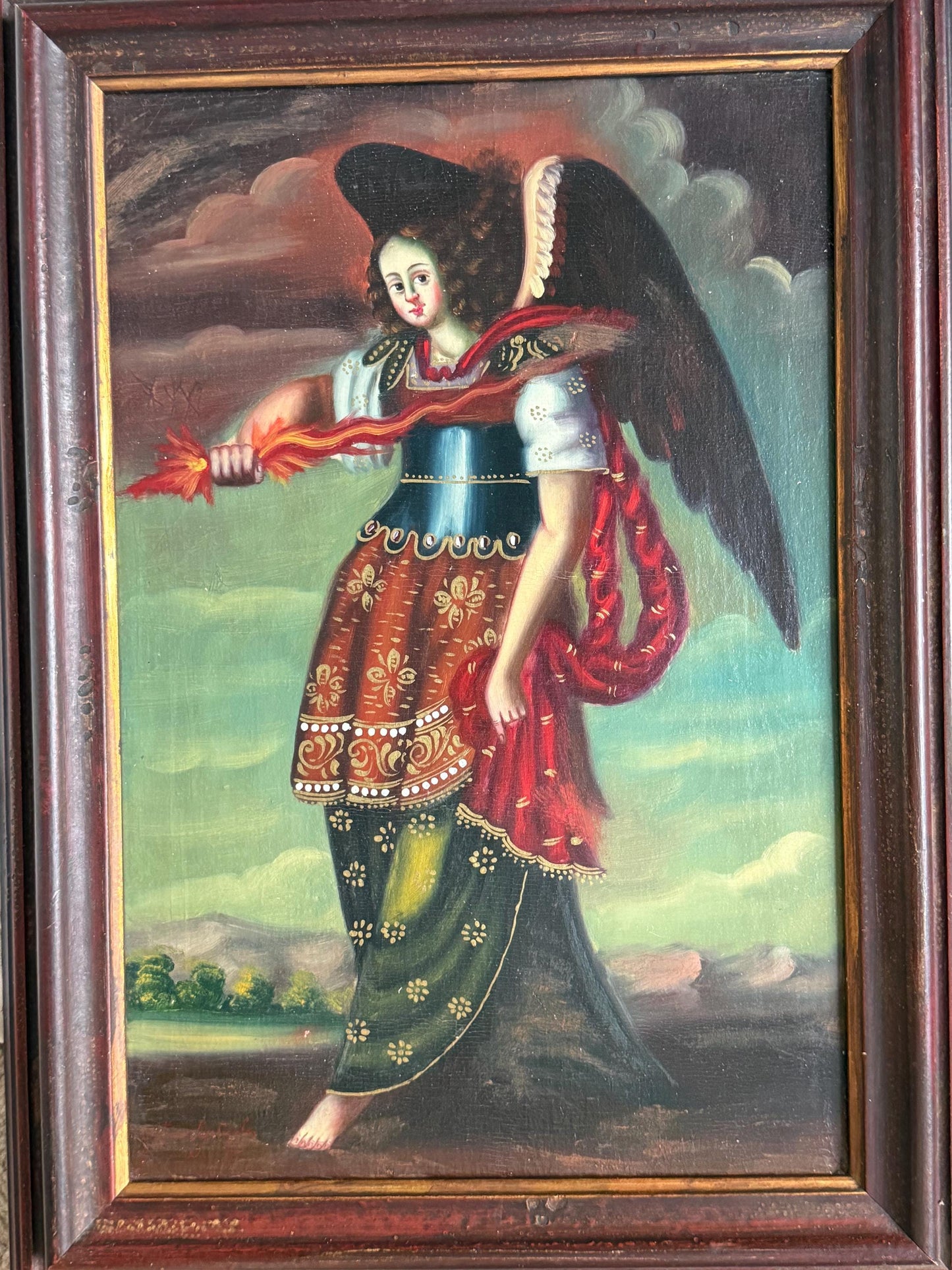 Colonial South American Archangel Michael Oil Painting Canvas, antique, Cusco School, signed, ca 1800 painting from ausema dutch art gallery