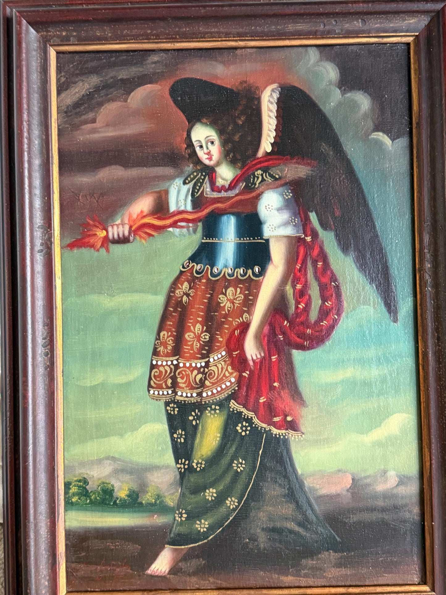 Colonial South American Archangel Michael Oil Painting Canvas, antique, Cusco School, signed, ca 1800 painting from ausema dutch art gallery