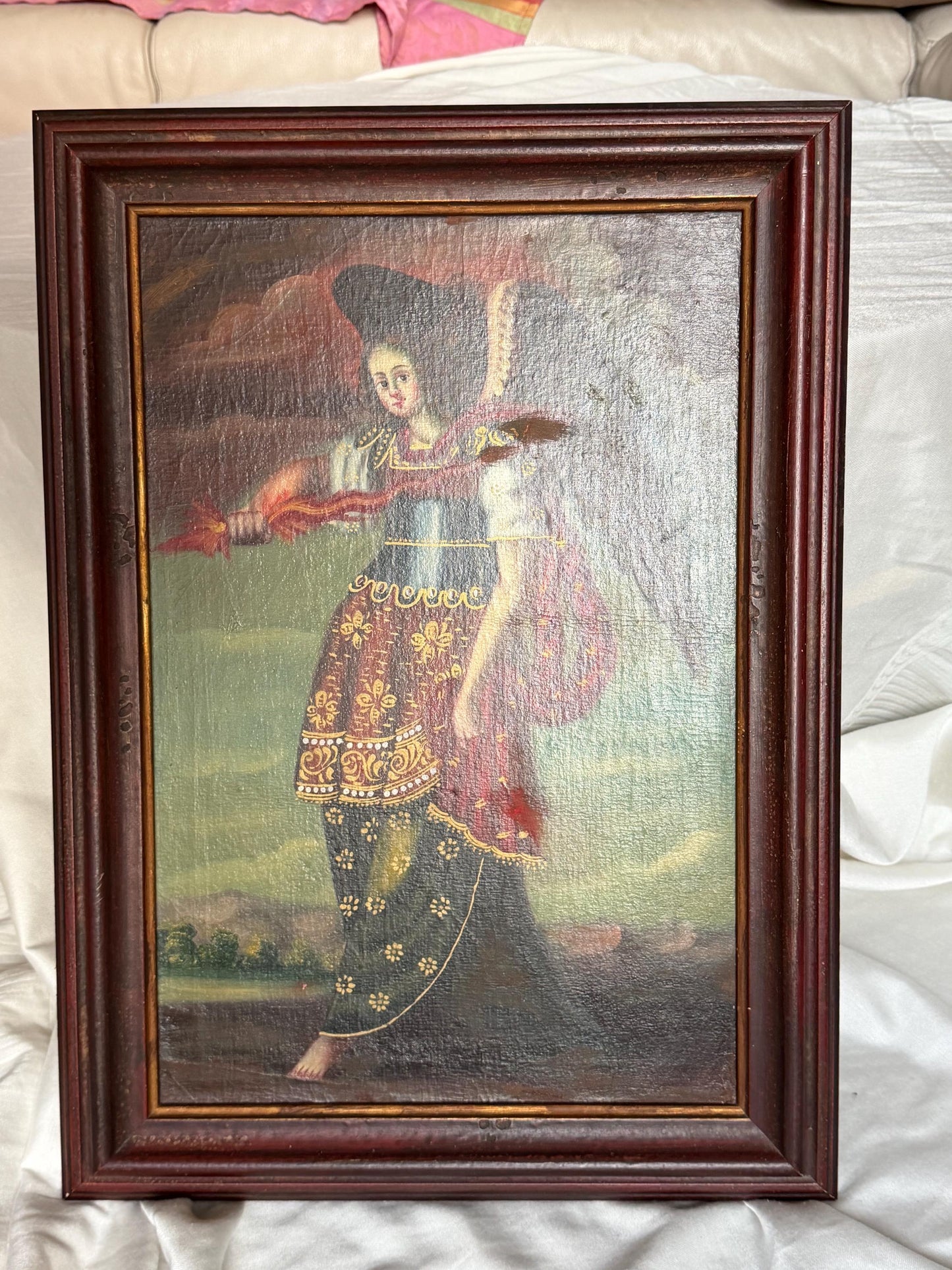 Colonial South American Archangel Michael Oil Painting Canvas, antique, Cusco School, signed, ca 1800 painting from ausema dutch art gallery