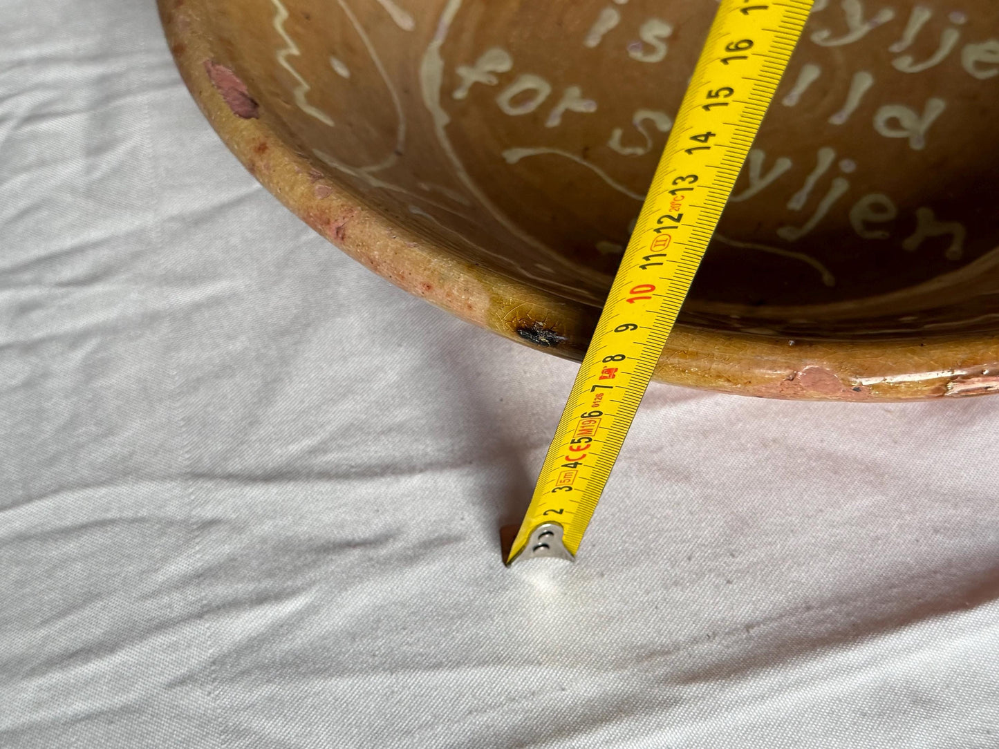 Antique Frisian Slibware, Large Motto Bowl, Circa 190,  Handcrafted Earthenware: ‘time wasted is money wasted’glass & ceramic