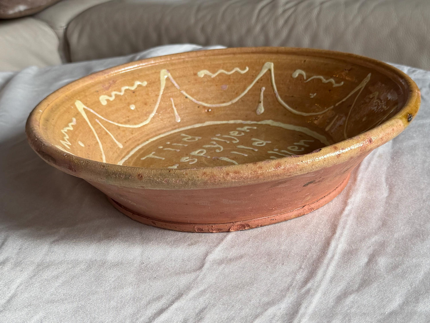 Antique Frisian Slibware, Large Motto Bowl, Circa 190,  Handcrafted Earthenware: ‘time wasted is money wasted’glass & ceramic