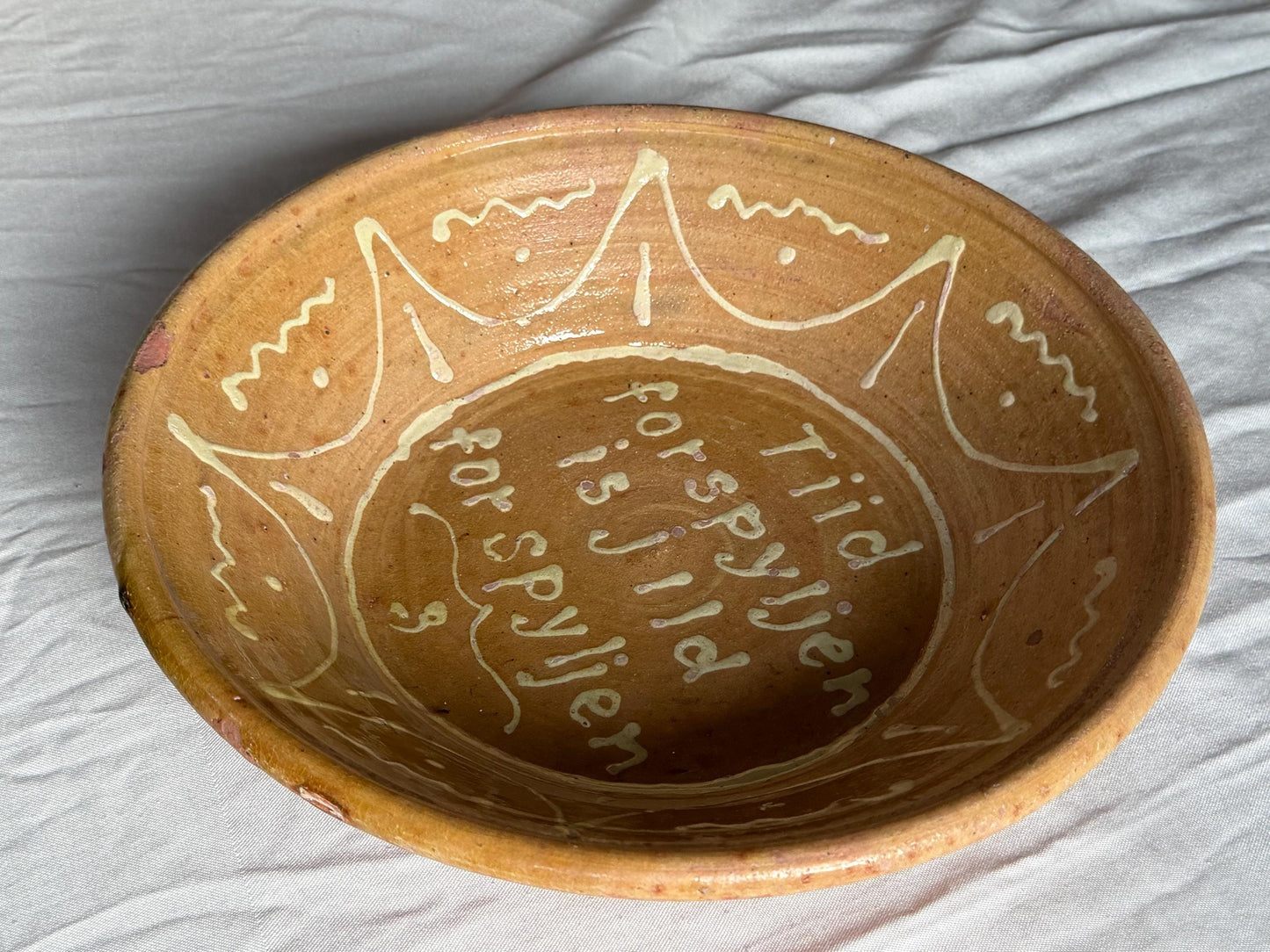 Antique Frisian Slibware, Large Motto Bowl, Circa 190,  Handcrafted Earthenware: ‘time wasted is money wasted’glass & ceramic