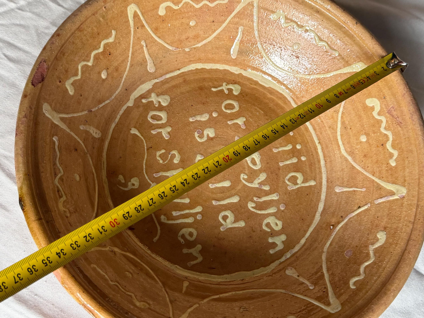 Antique Frisian Slibware, Large Motto Bowl, Circa 190,  Handcrafted Earthenware: ‘time wasted is money wasted’glass & ceramic