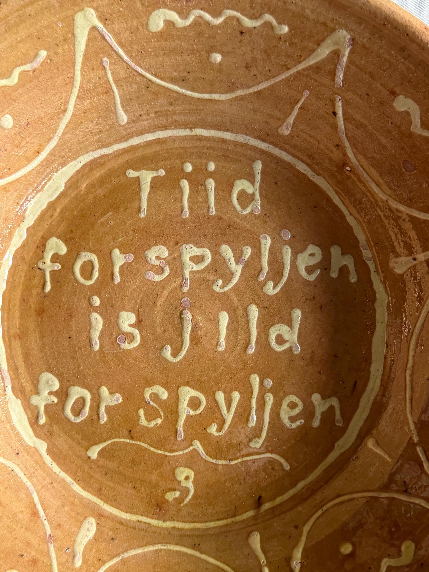 Antique Frisian Slibware, Large Motto Bowl, Circa 190,  Handcrafted Earthenware: ‘time wasted is money wasted’glass & ceramic