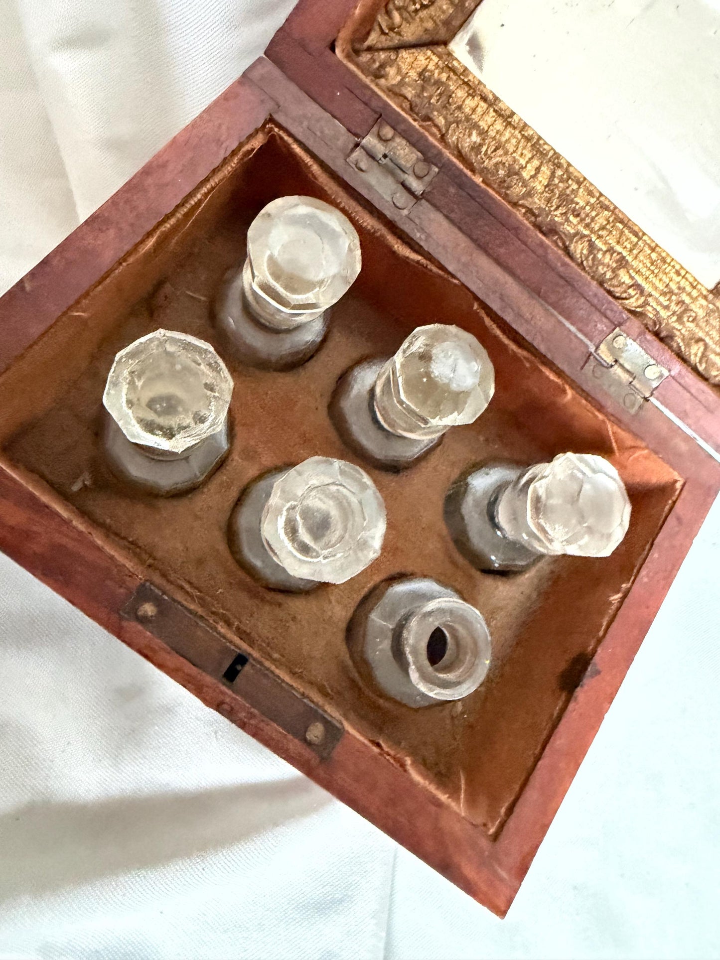 Victorian Walnut Perfume Casket with Brass Wire Inlay and Six Cut Glass Bottles Circa 1850