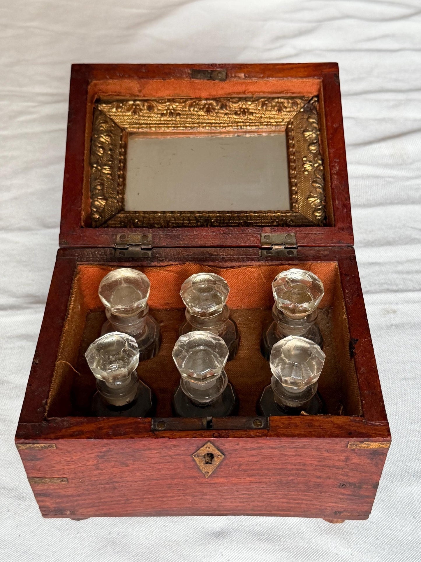 Victorian Walnut Perfume Casket with Brass Wire Inlay and Six Cut Glass Bottles Circa 1850
