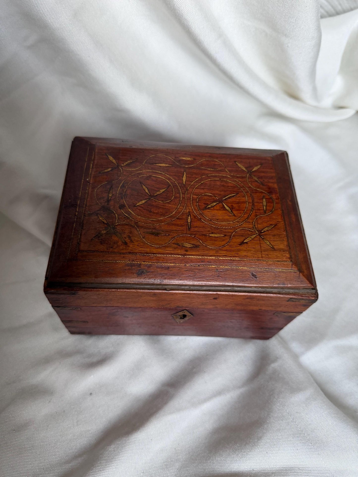 Victorian Walnut Perfume Casket with Brass Wire Inlay and Six Cut Glass Bottles Circa 1850