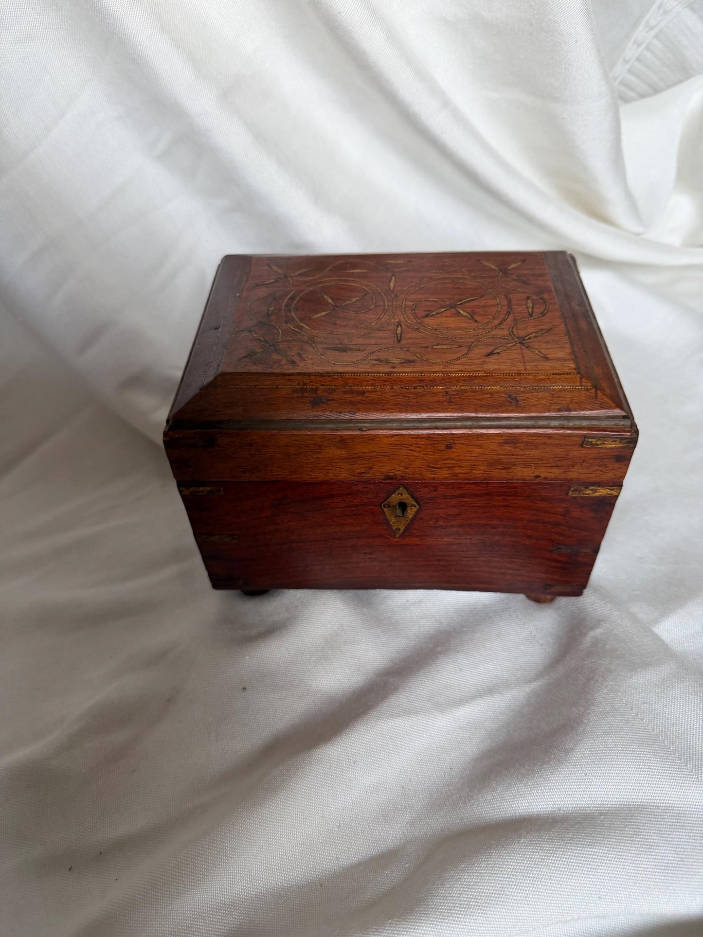 Victorian Walnut Perfume Casket with Brass Wire Inlay and Six Cut Glass Bottles Circa 1850