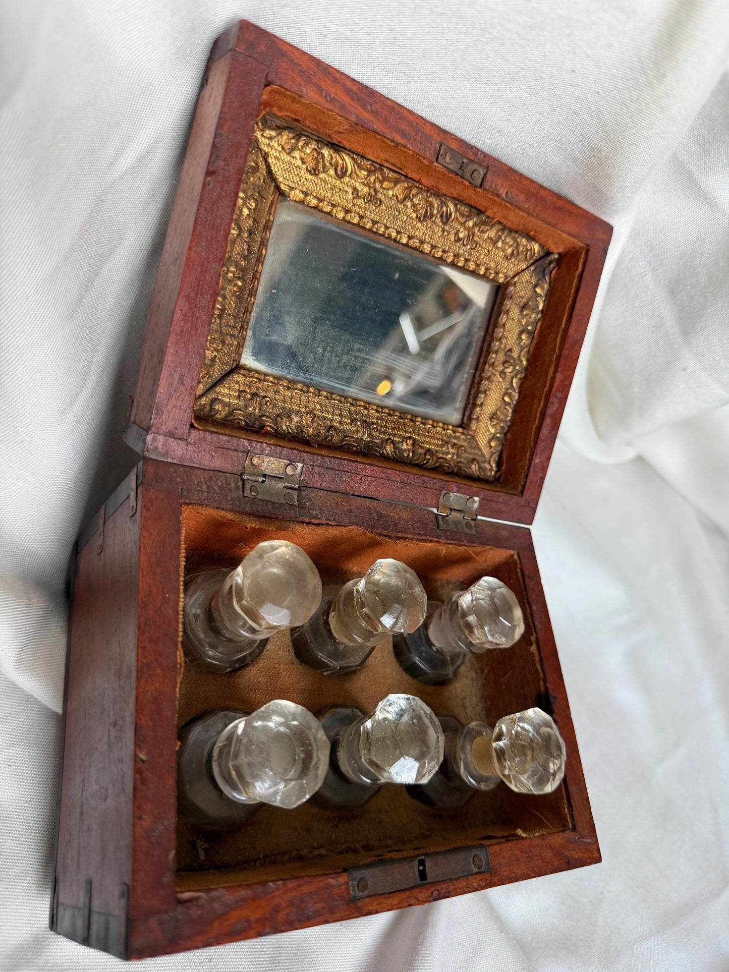 Victorian Walnut Perfume Casket with Brass Wire Inlay and Six Cut Glass Bottles Circa 1850