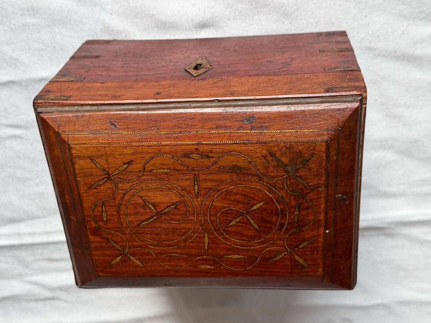 Victorian Walnut Perfume Casket with Brass Wire Inlay and Six Cut Glass Bottles Circa 1850
