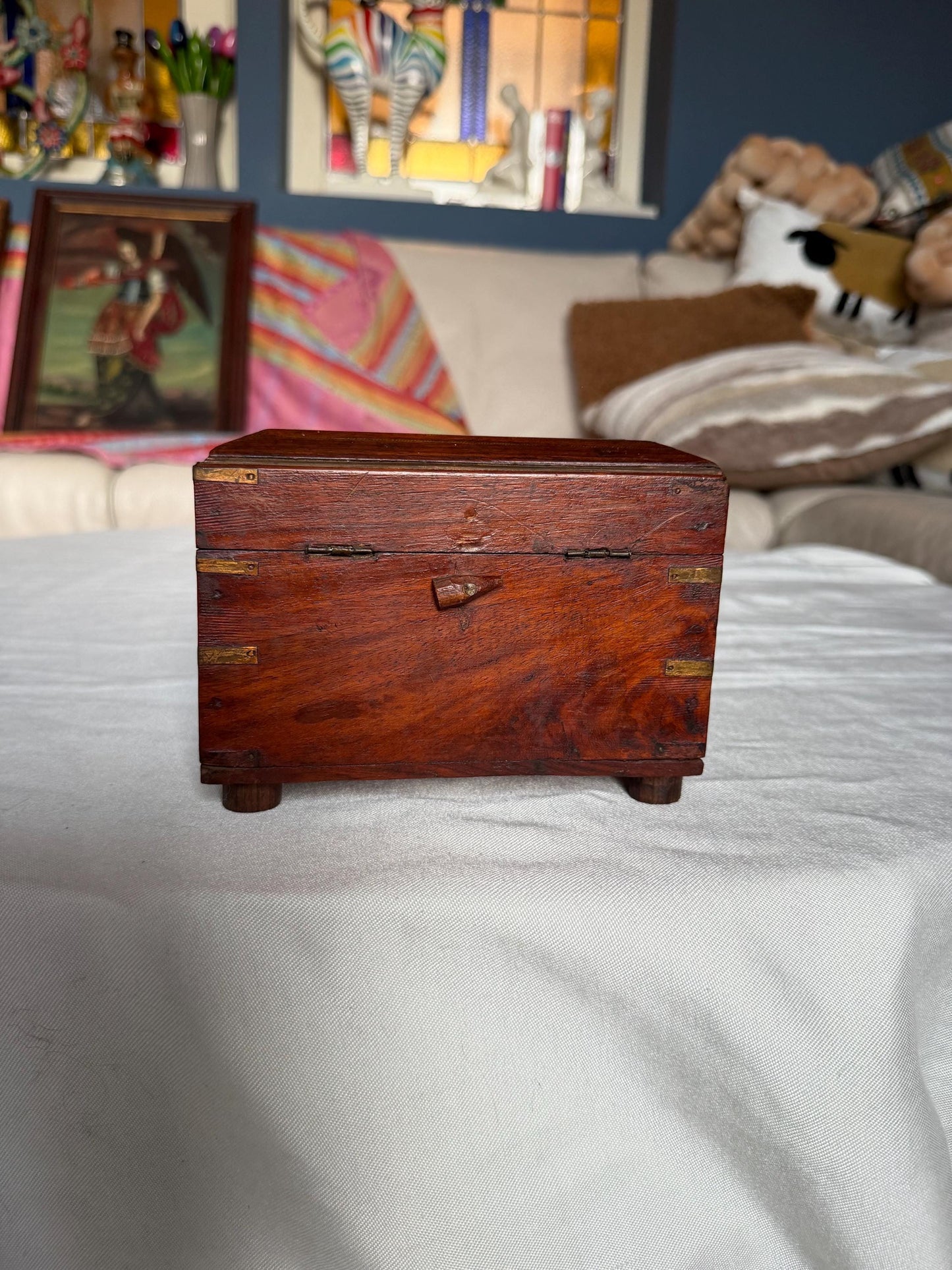 Victorian Walnut Perfume Casket with Brass Wire Inlay and Six Cut Glass Bottles Circa 1850
