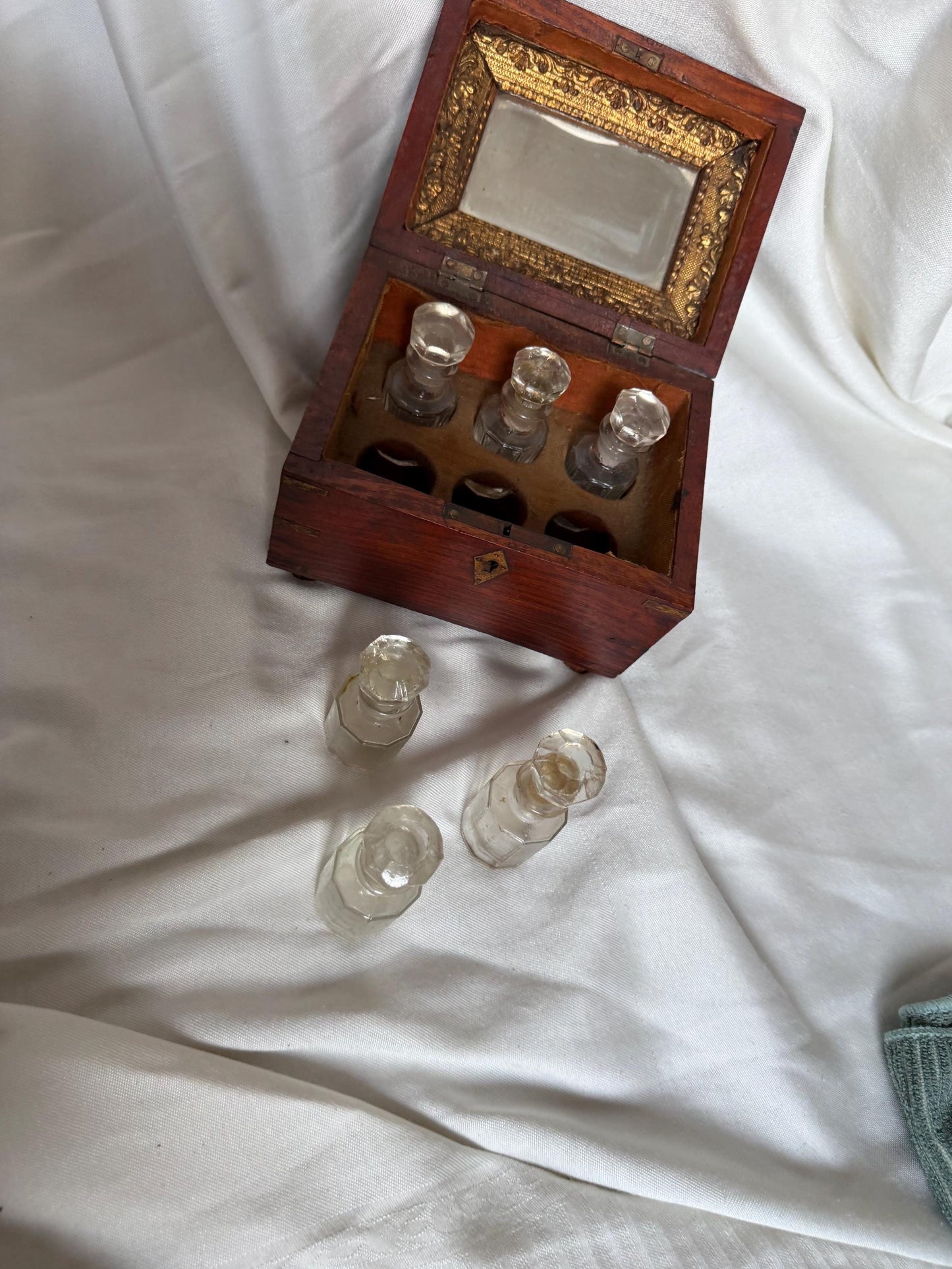 Victorian Walnut Perfume Casket with Brass Wire Inlay and Six Cut Glass Bottles Circa 1850
