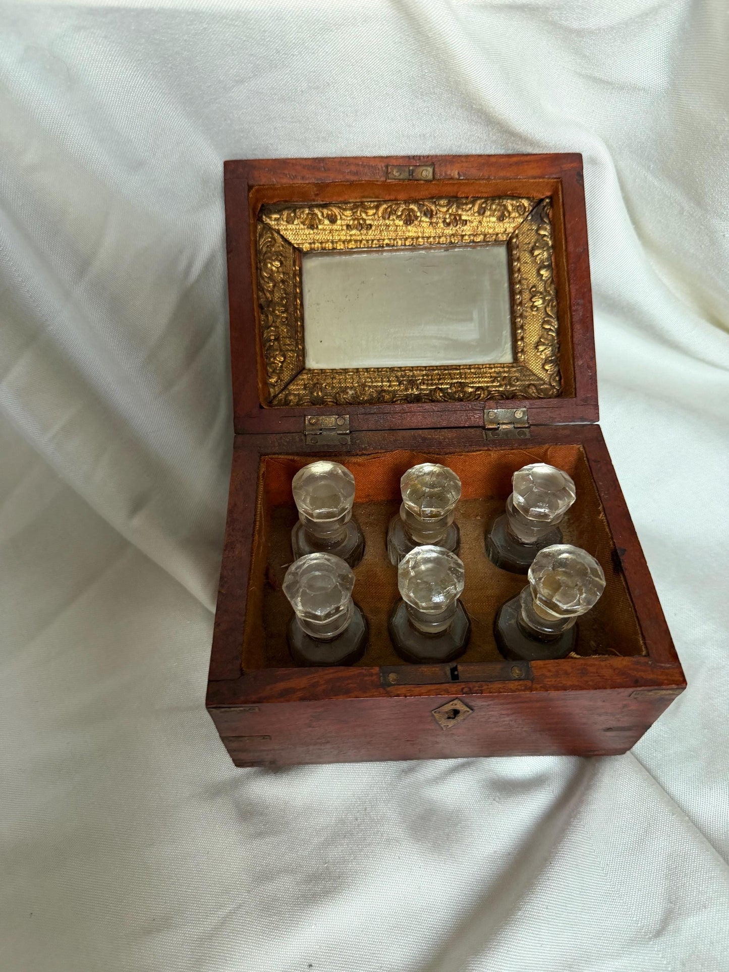 Victorian Walnut Perfume Casket with Brass Wire Inlay and Six Cut Glass Bottles Circa 1850