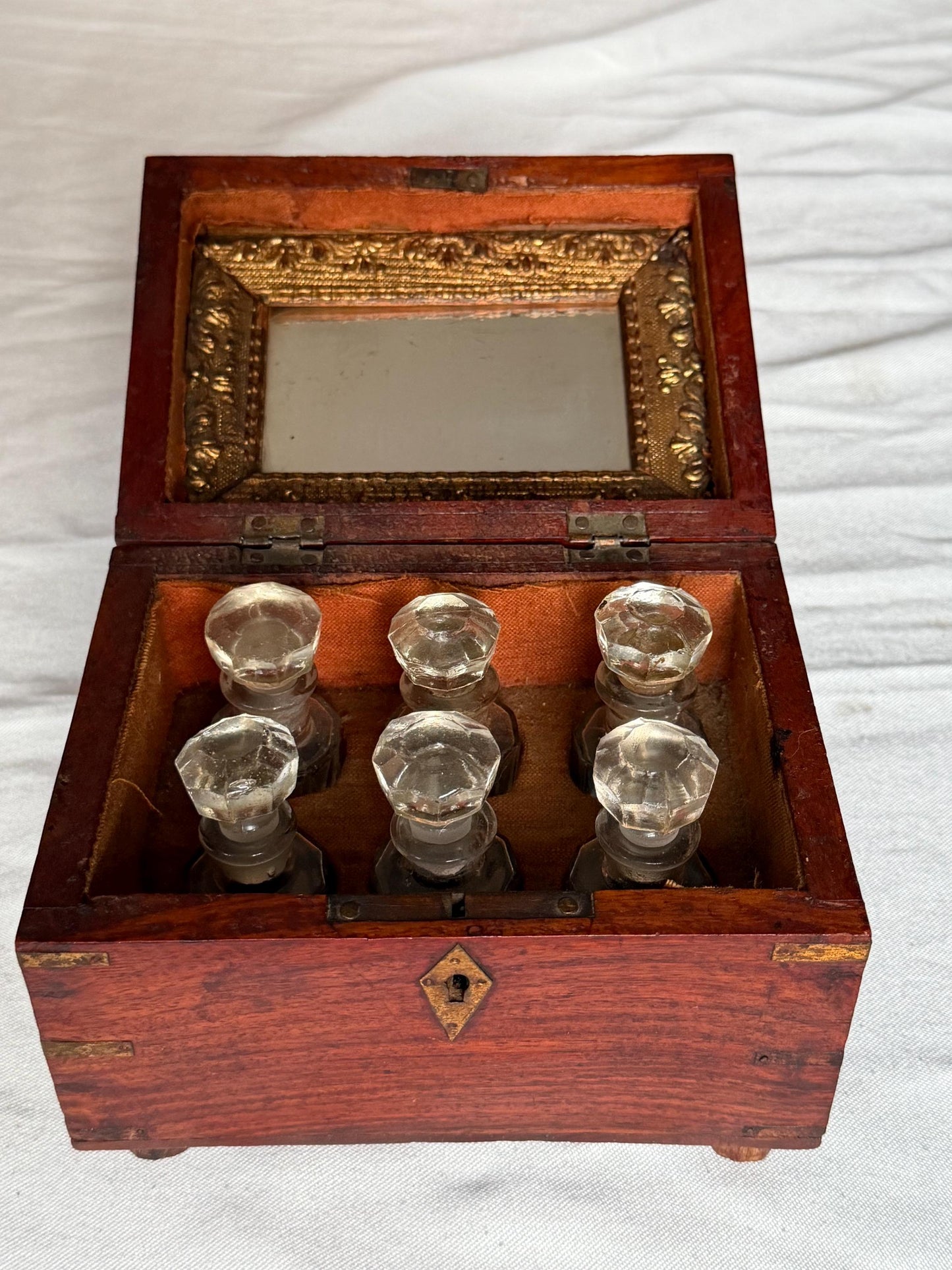 Victorian Walnut Perfume Casket with Brass Wire Inlay and Six Cut Glass Bottles Circa 1850
