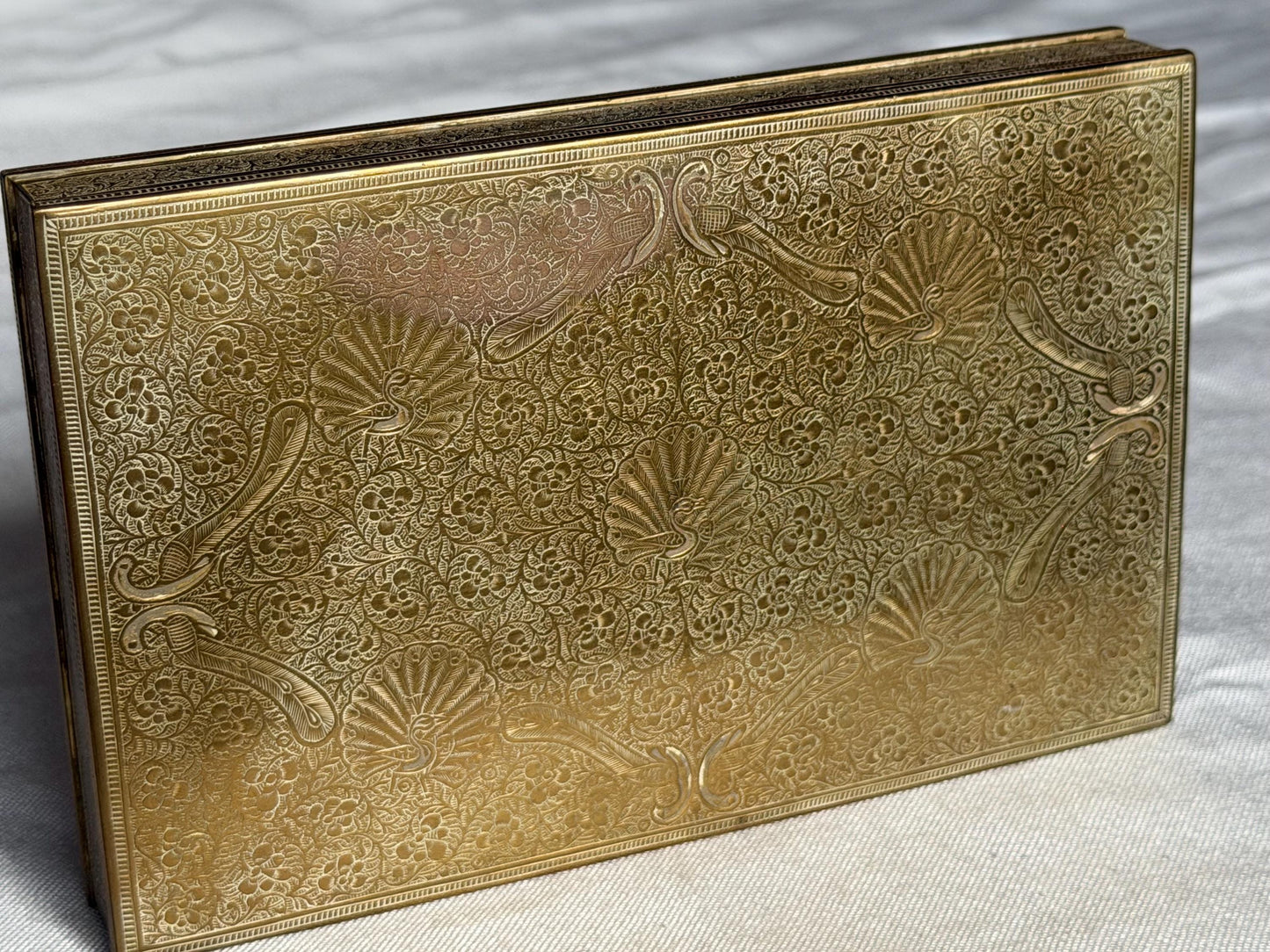 Antique English Brass Bridge Card Box Etched Floral Decoration c.1900–1925.