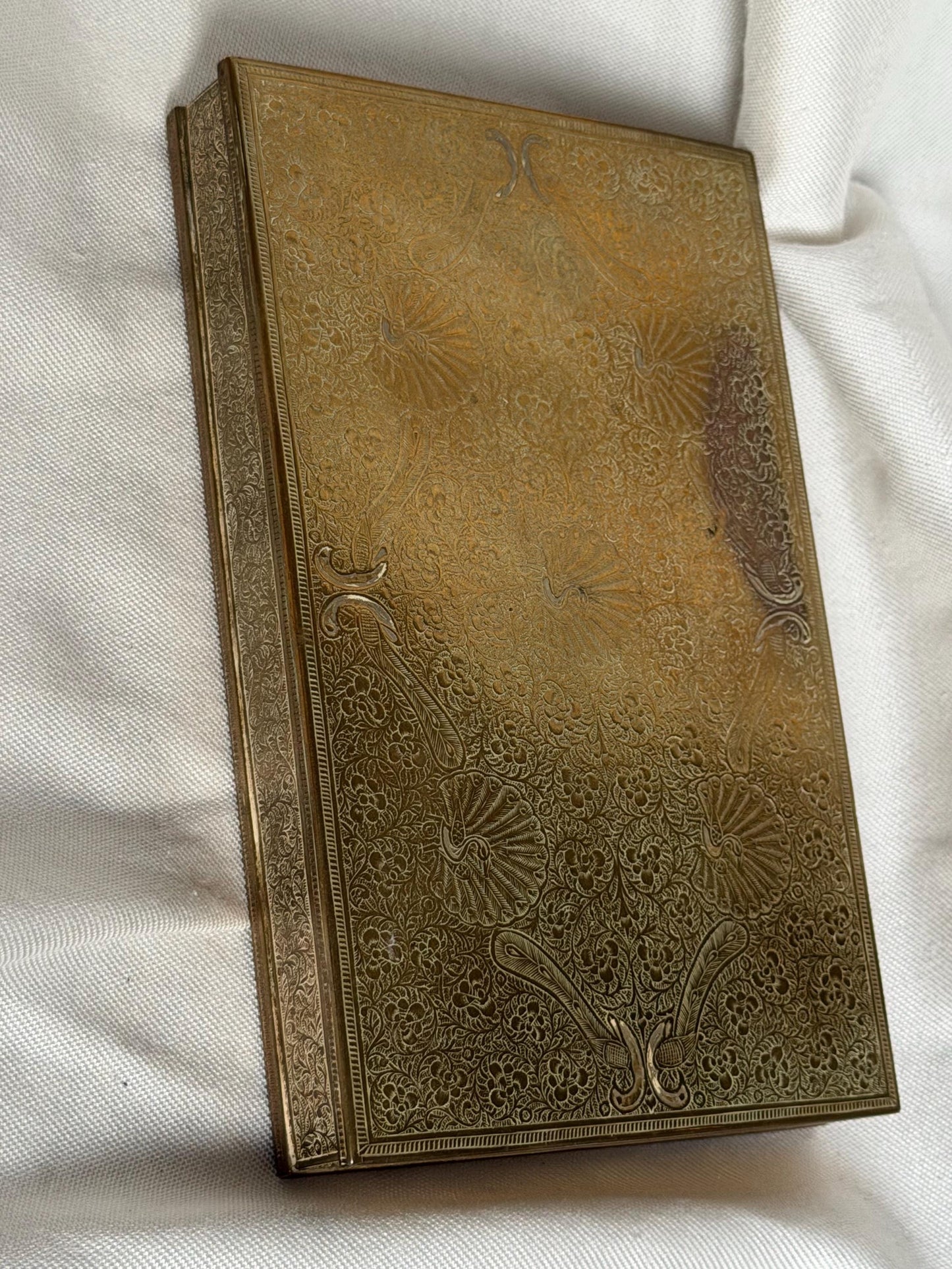 Antique English Brass Bridge Card Box Etched Floral Decoration c.1900–1925.