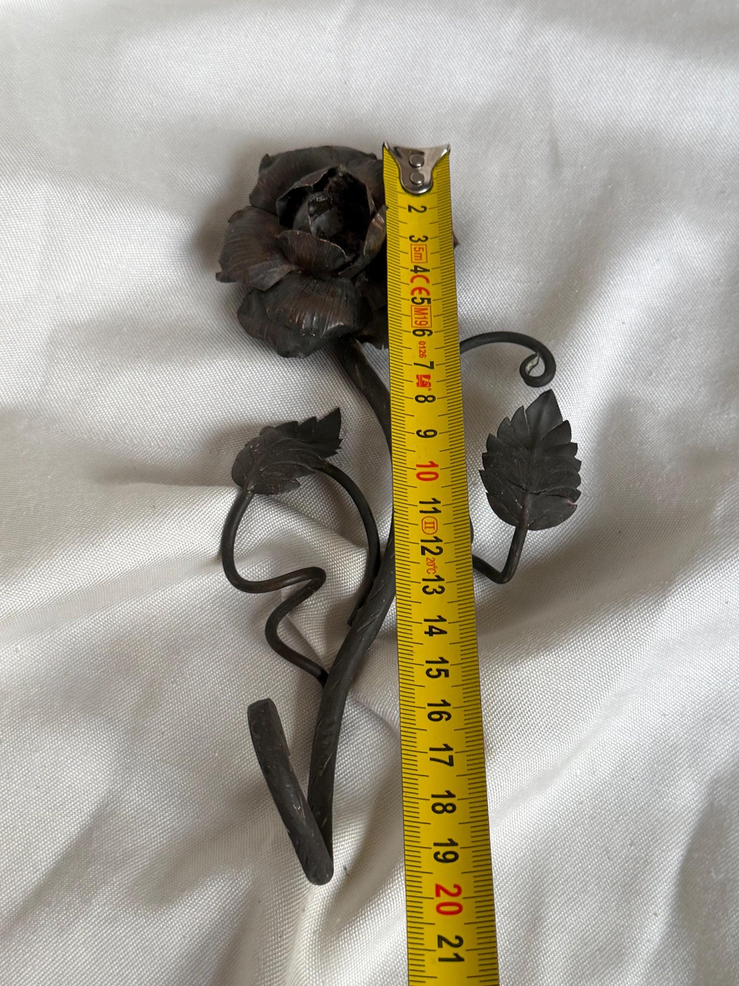 Antique set English Arts and Crafts Bronze Rose Table Candlestick with Hand Forged Snuffer circa 1900 flower.