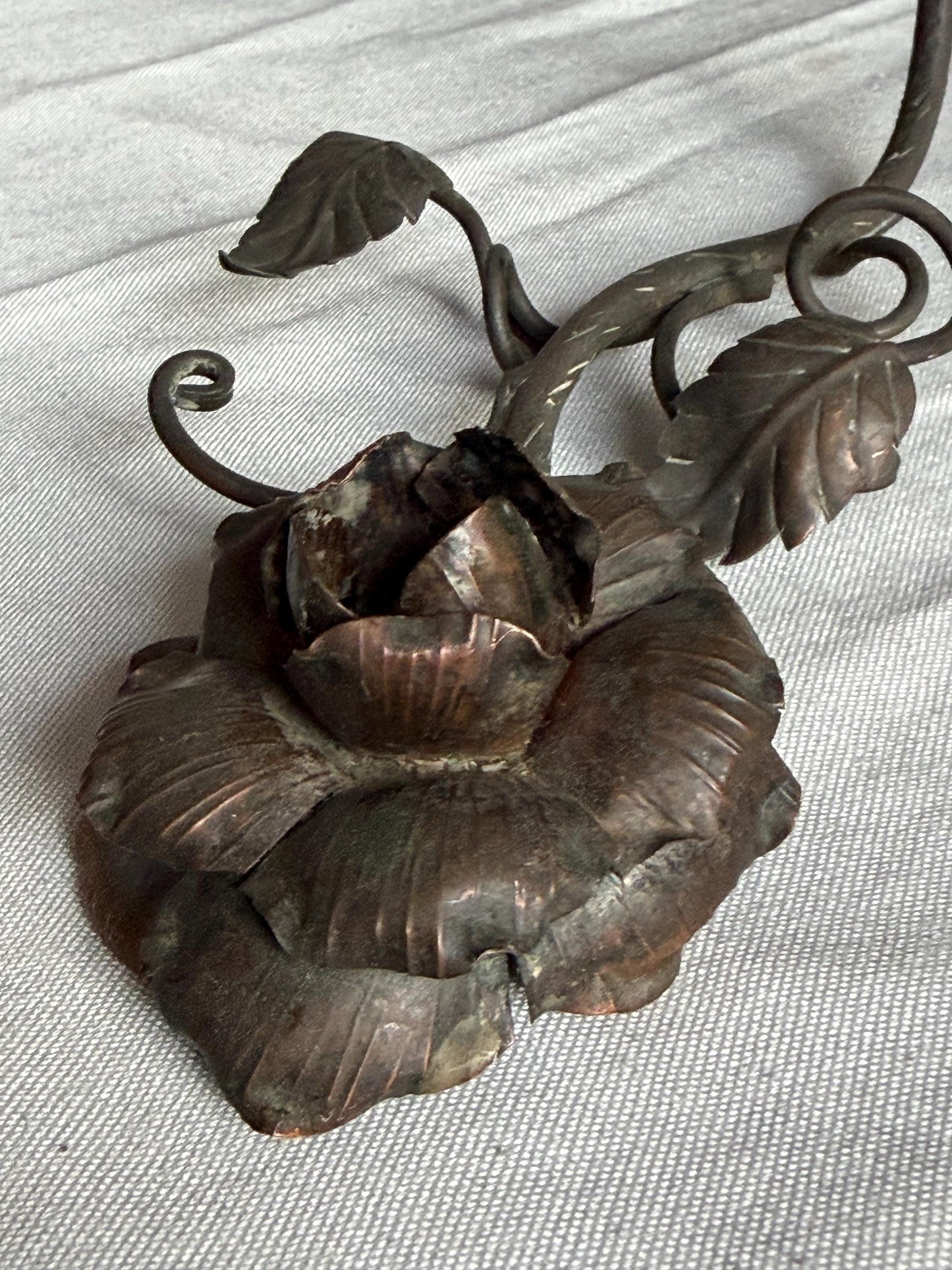 Antique set English Arts and Crafts Bronze Rose Table Candlestick with Hand Forged Snuffer circa 1900 flower.
