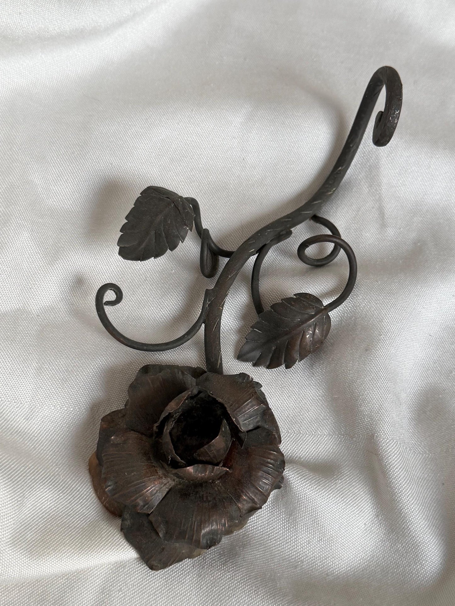 Antique set English Arts and Crafts Bronze Rose Table Candlestick with Hand Forged Snuffer circa 1900 flower.