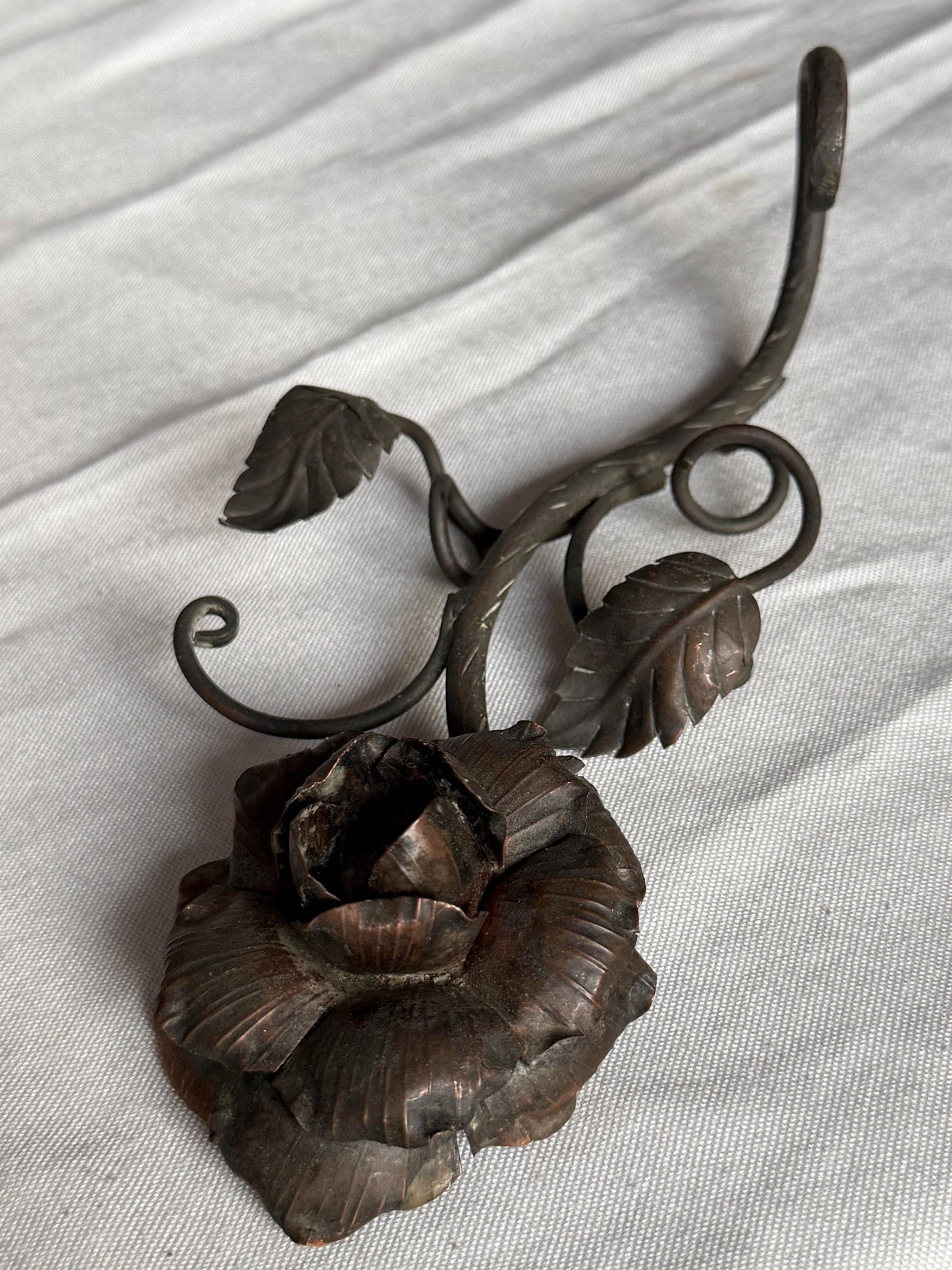 Antique set English Arts and Crafts Bronze Rose Table Candlestick with Hand Forged Snuffer circa 1900 flower.