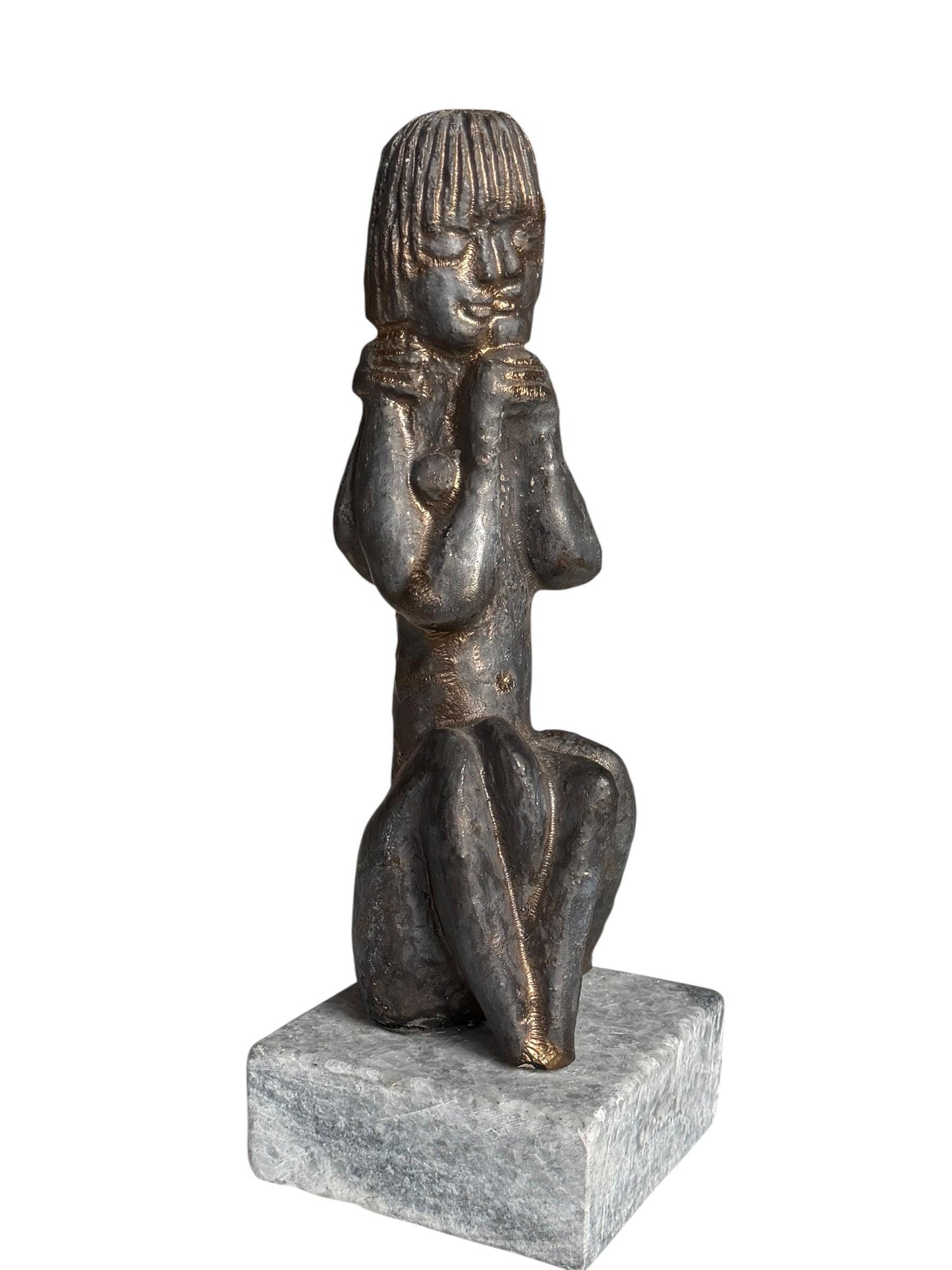 Bronze Janus Mask Figure from unknown Modernist, Sculpture, bronze patinated copper on Marble Base midcentury modern 26 cm wunderkammer