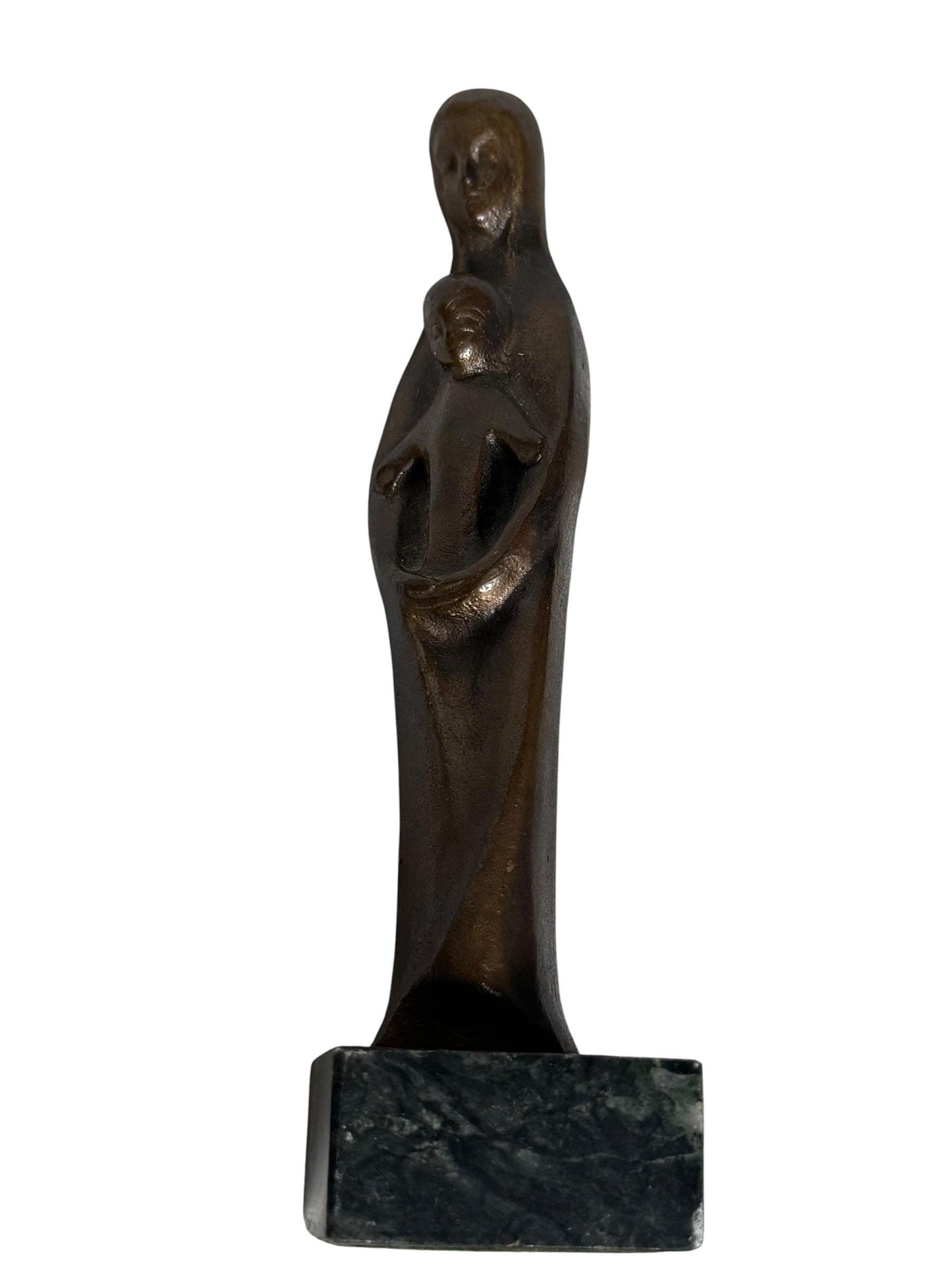 Modernist  patinated Bronze Mother Madonna and Child Jesus Sculpture on Green marble Base, midcentury