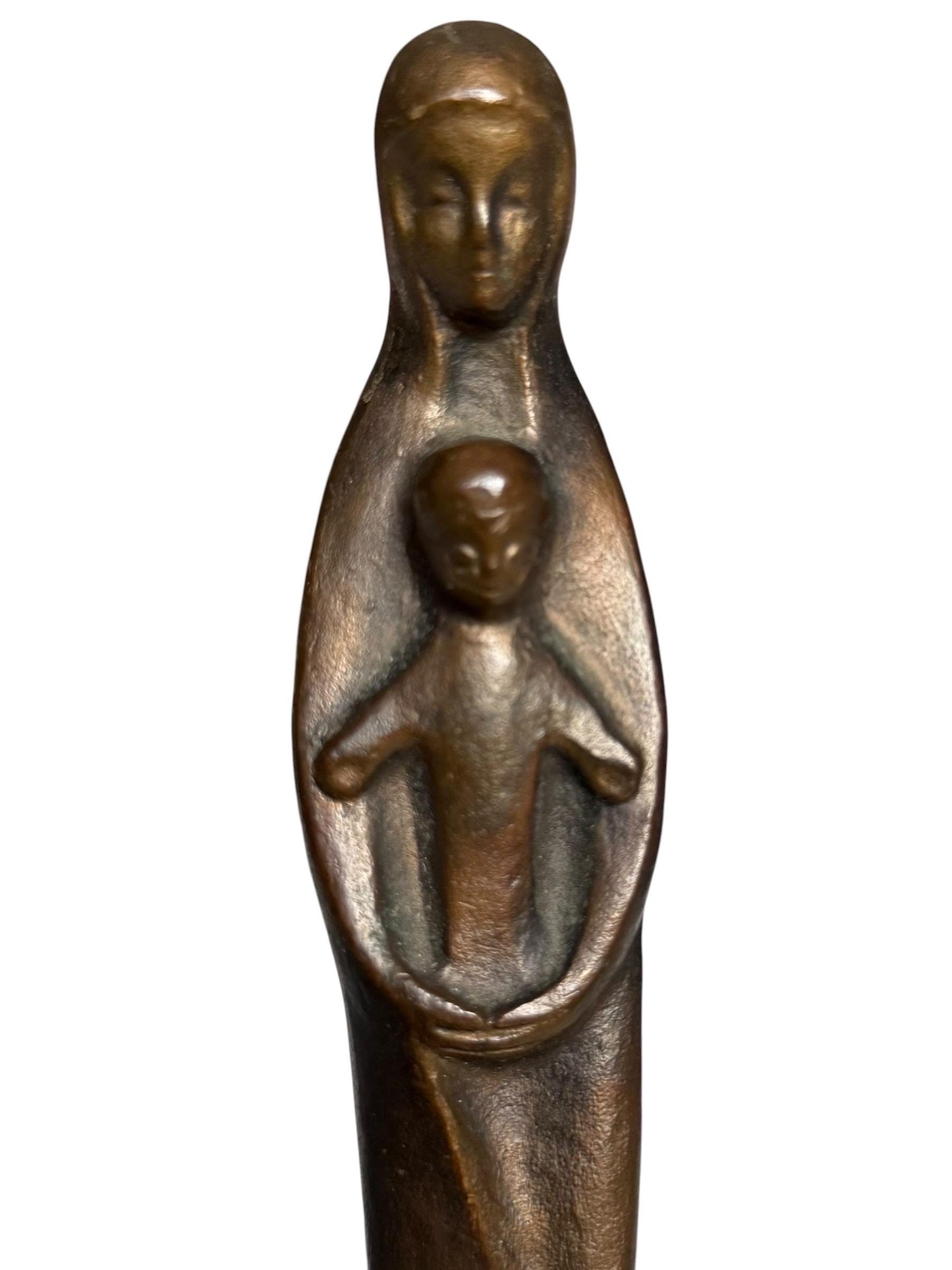Modernist  patinated Bronze Mother Madonna and Child Jesus Sculpture on Green marble Base, midcentury