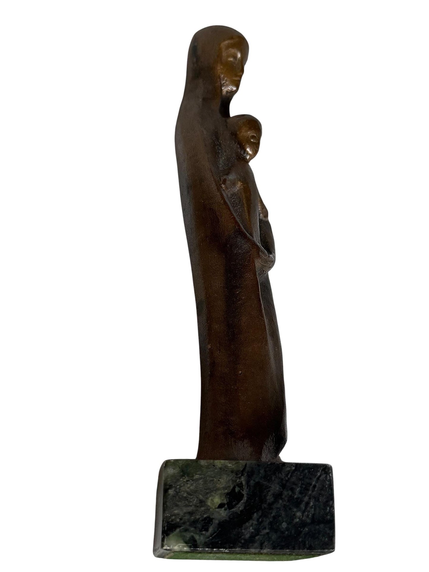 Modernist  patinated Bronze Mother Madonna and Child Jesus Sculpture on Green marble Base, midcentury