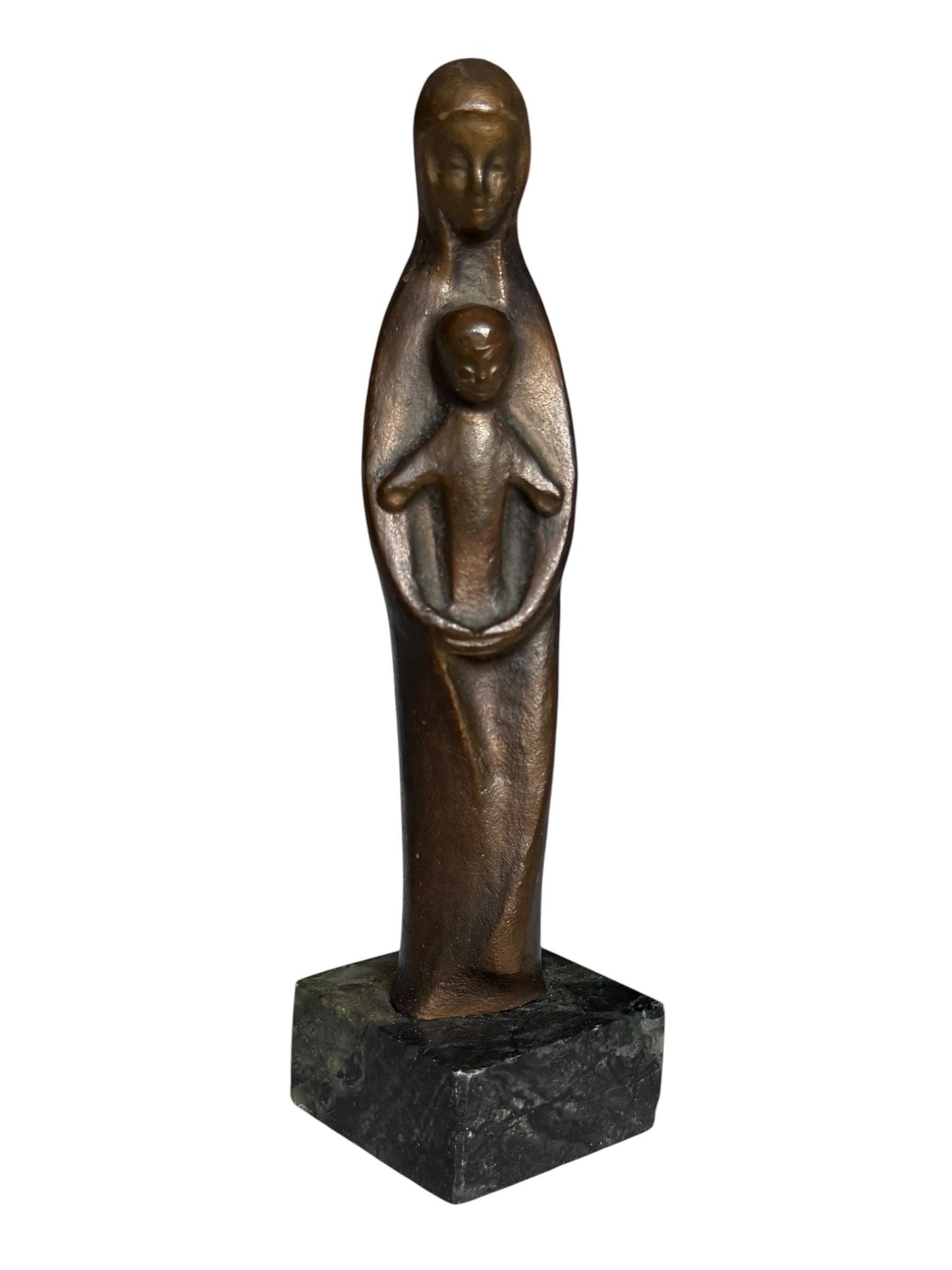 Modernist  patinated Bronze Mother Madonna and Child Jesus Sculpture on Green marble Base, midcentury