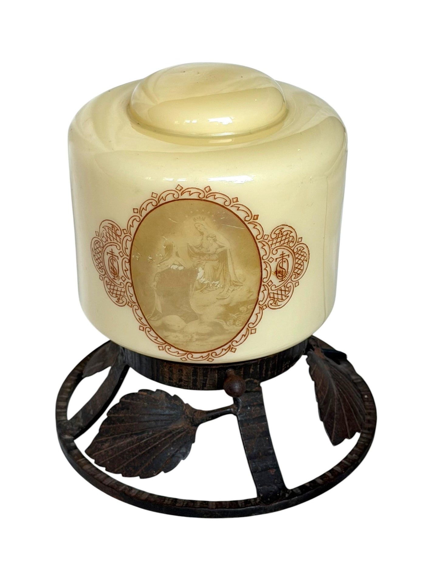 Art Nouveau Religious Table Lamp with Enameled Glass Shade and Wrought Iron Baseausema lights