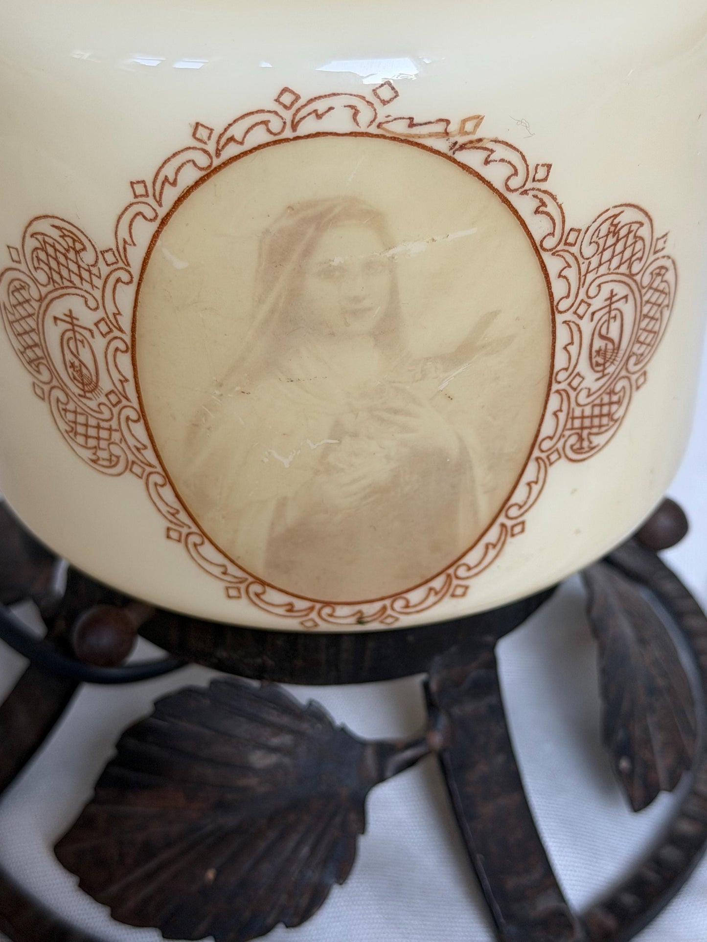 Art Nouveau Religious Table Lamp with Enameled Glass Shade and Wrought Iron Baseausema lights
