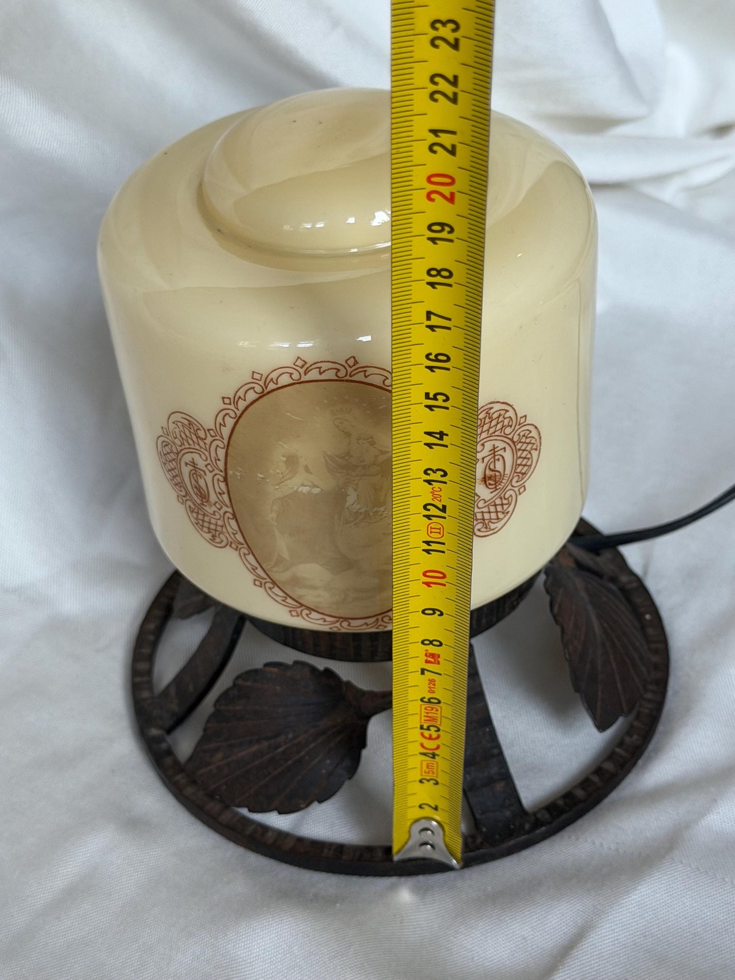 Art Nouveau Religious Table Lamp with Enameled Glass Shade and Wrought Iron Baseausema lights
