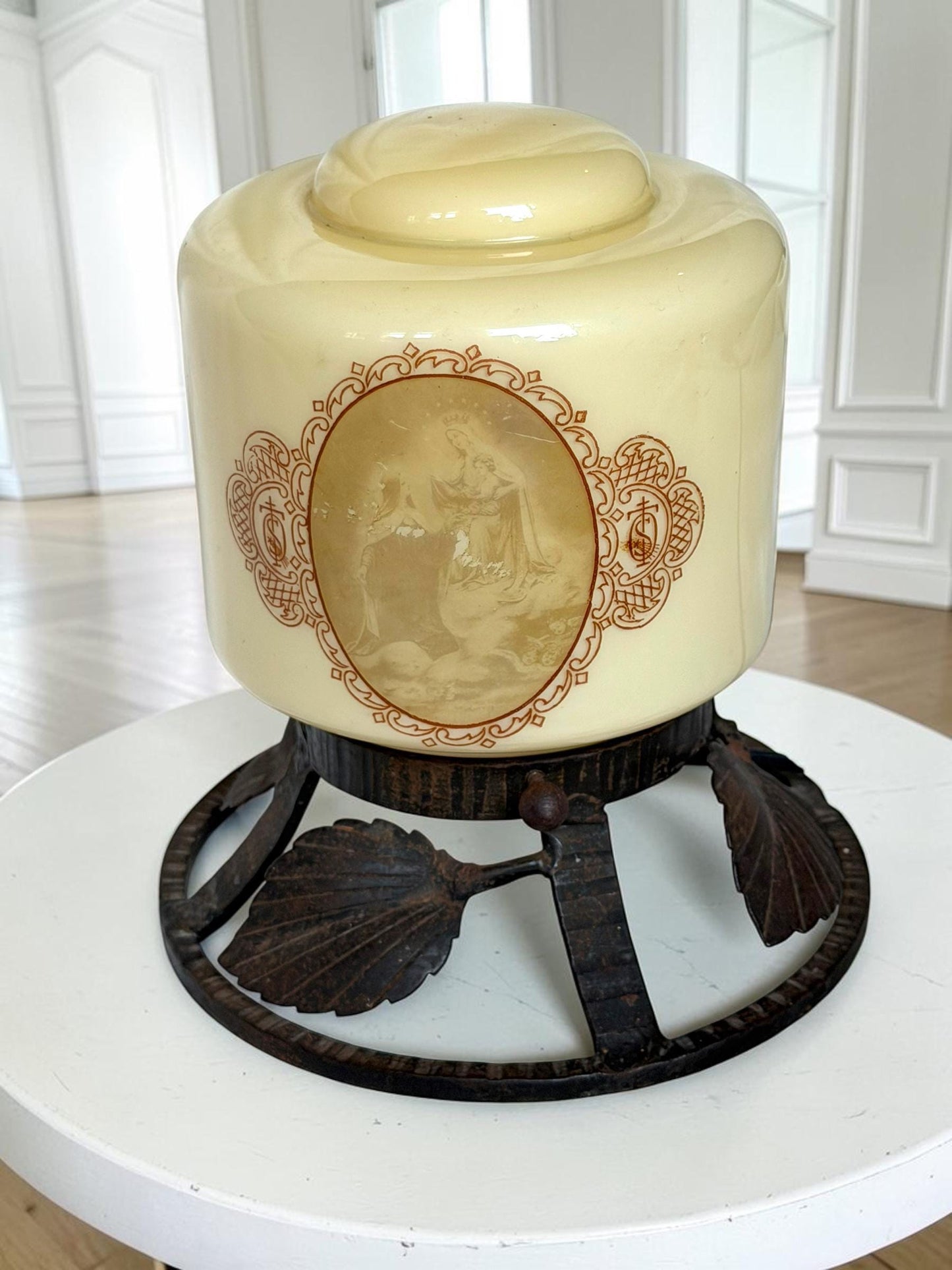 Art Nouveau Religious Table Lamp with Enameled Glass Shade and Wrought Iron Baseausema lights