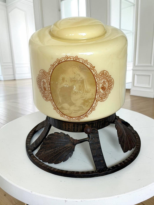 Art Nouveau Religious Table Lamp with Enameled Glass Shade and Wrought Iron Baseausema lights