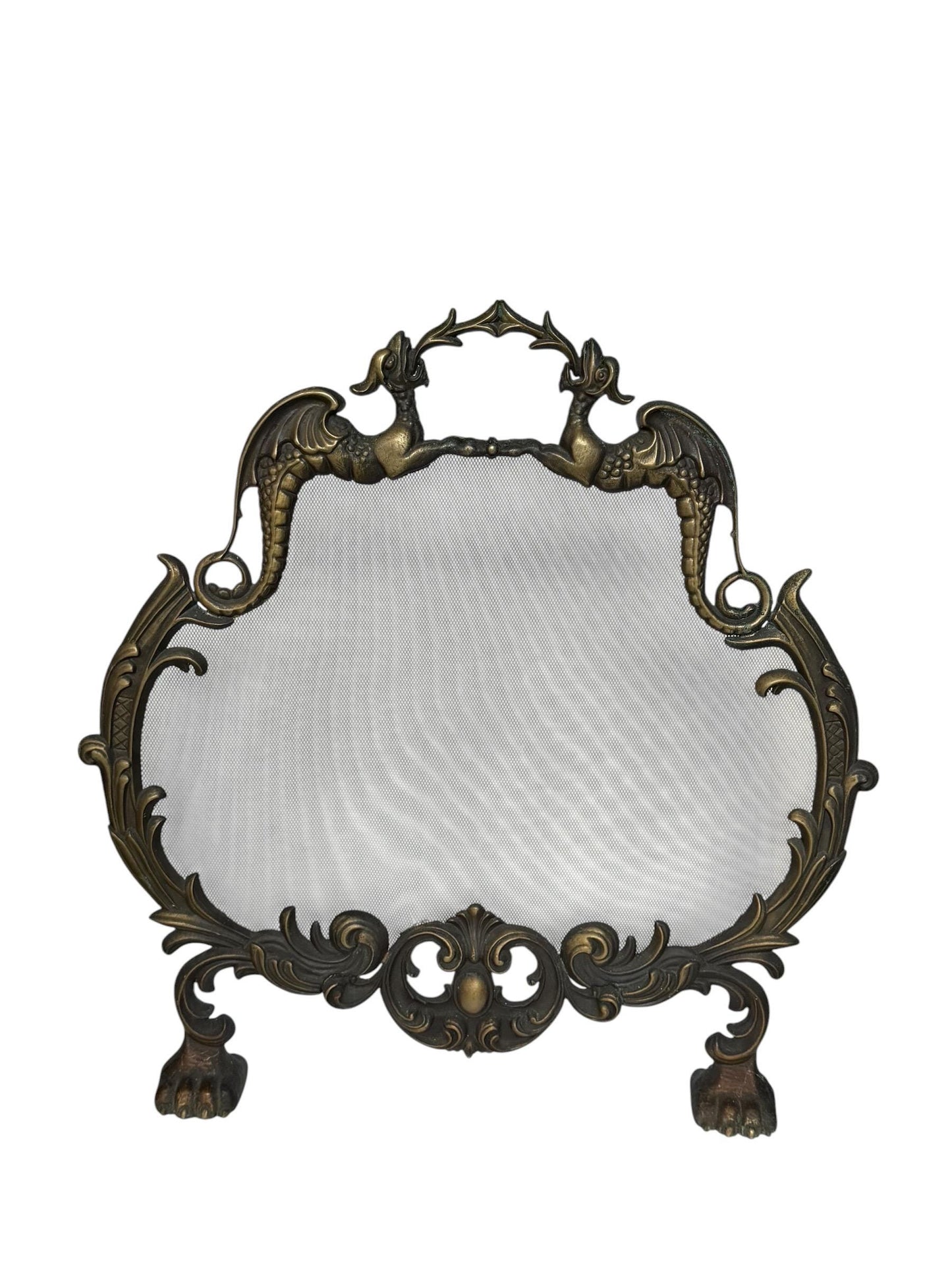 Large Art Nouveau Brass Fireplace Screen with Winged Dragons Griffin Andirons Fire Guard, 2 available furniture