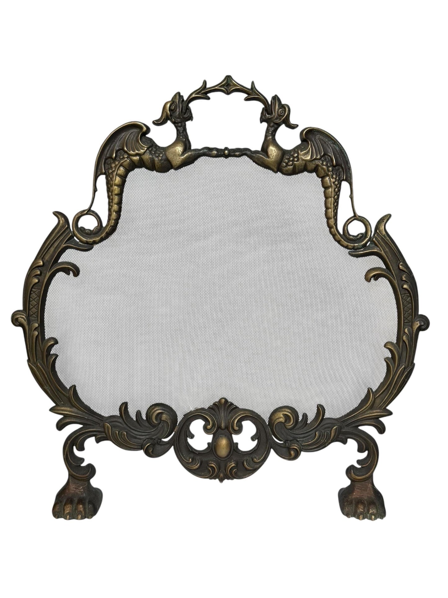 Large Art Nouveau Brass Fireplace Screen with Winged Dragons Griffin Andirons Fire Guard, 2 available furniture