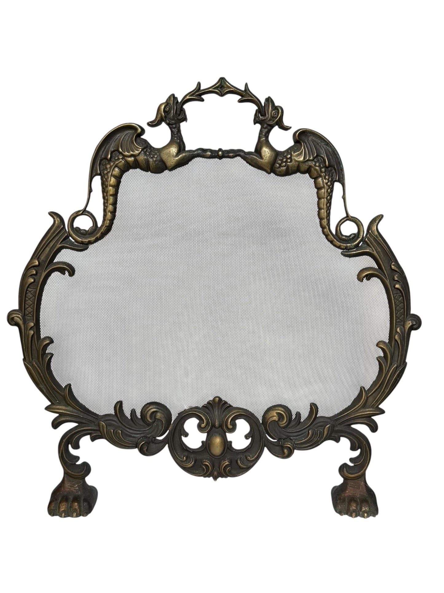 Large Art Nouveau Brass Fireplace Screen with Winged Dragons Griffin Andirons Fire Guard, 2 available furniture