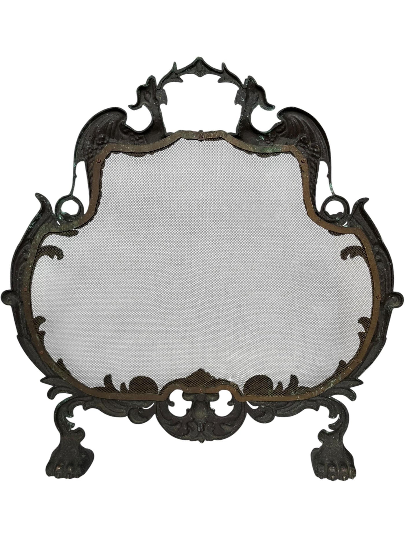 Large Art Nouveau Brass Fireplace Screen with Winged Dragons Griffin Andirons Fire Guard, 2 available furniture