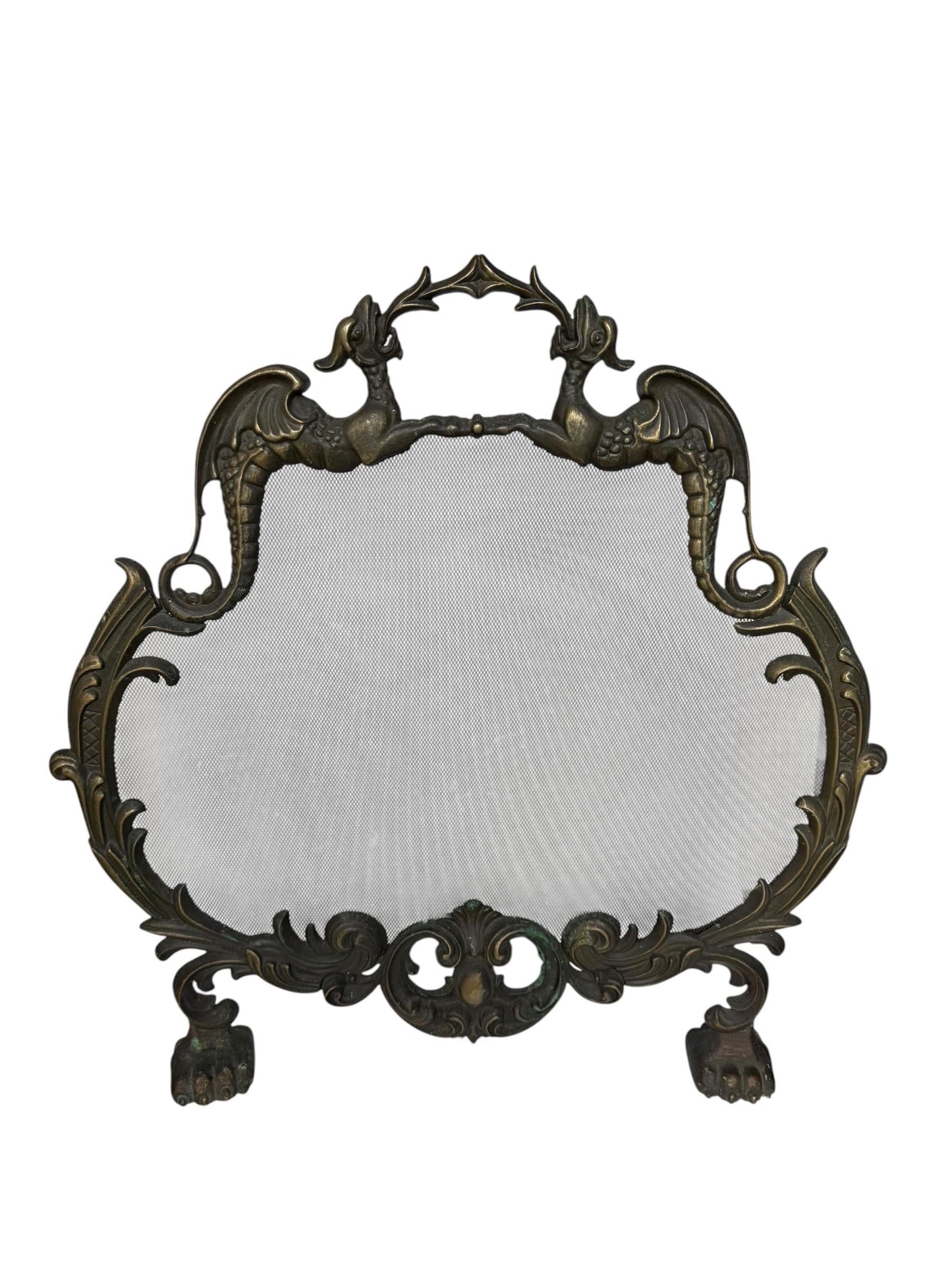 Large Art Nouveau Brass Fireplace Screen with Winged Dragons Griffin Andirons Fire Guard, 2 available furniture