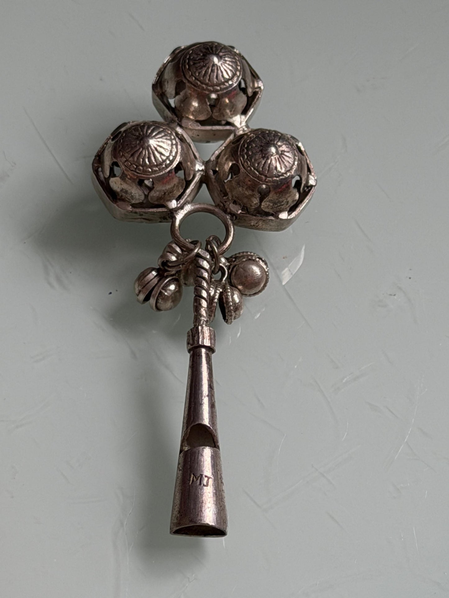 Antique European Silver Baby Rattle flute Three Bells 19th Century baby Toy nursey child shower giftbaby