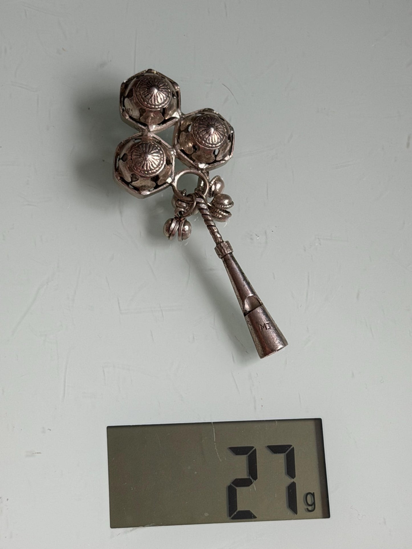 Antique European Silver Baby Rattle flute Three Bells 19th Century baby Toy nursey child shower giftbaby