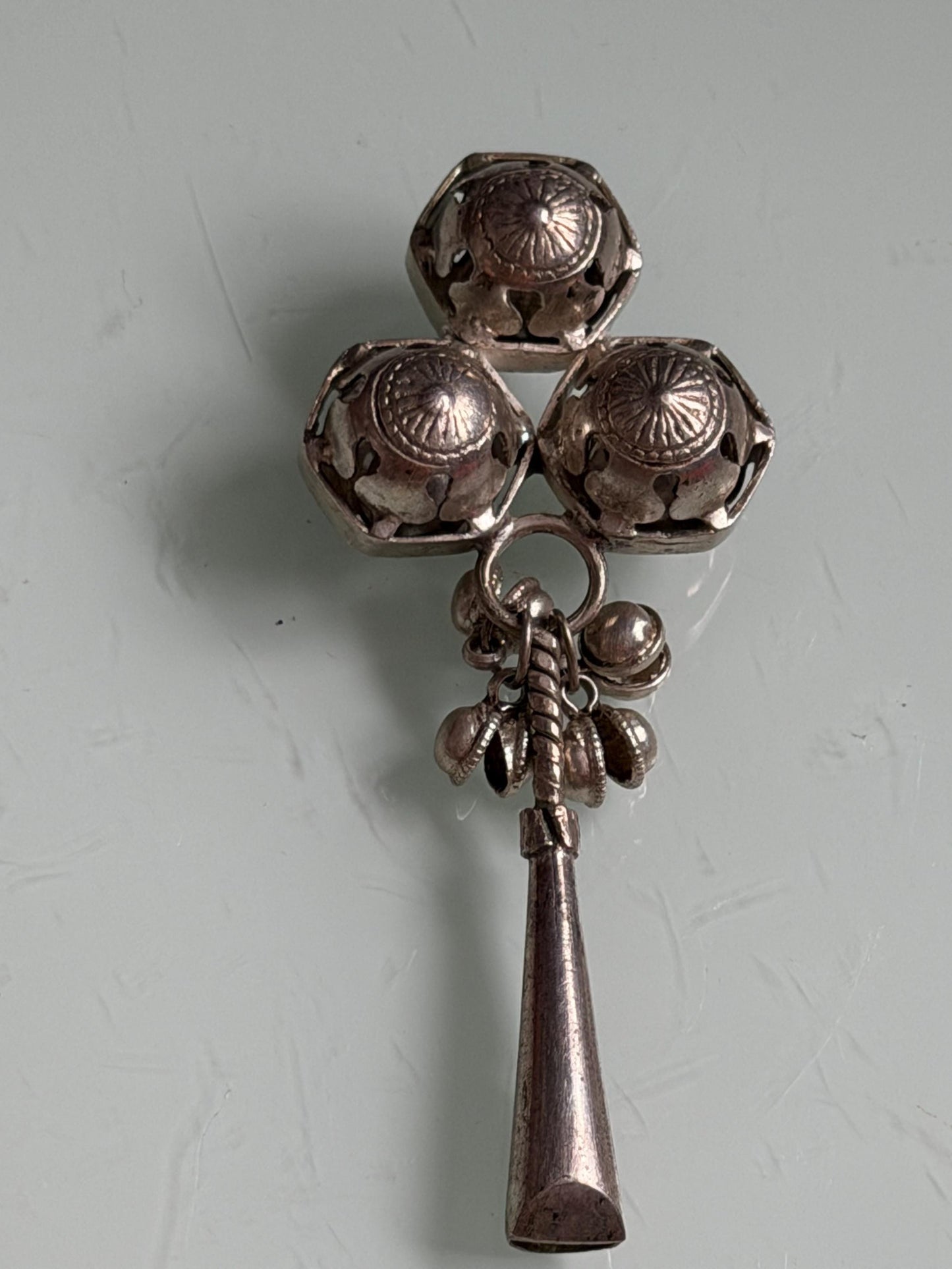 Antique European Silver Baby Rattle flute Three Bells 19th Century baby Toy nursey child shower giftbaby